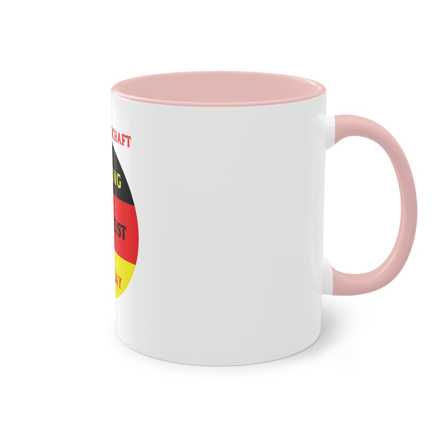 Die Mannschaft: Leistung, Teamgeist, Fairplay - auf Kaffeetassen, Teetassen bedruckt; weißer Außenbereich mit mehrfarbigem Innenbereich und Henkel, große; 11 Unzen
