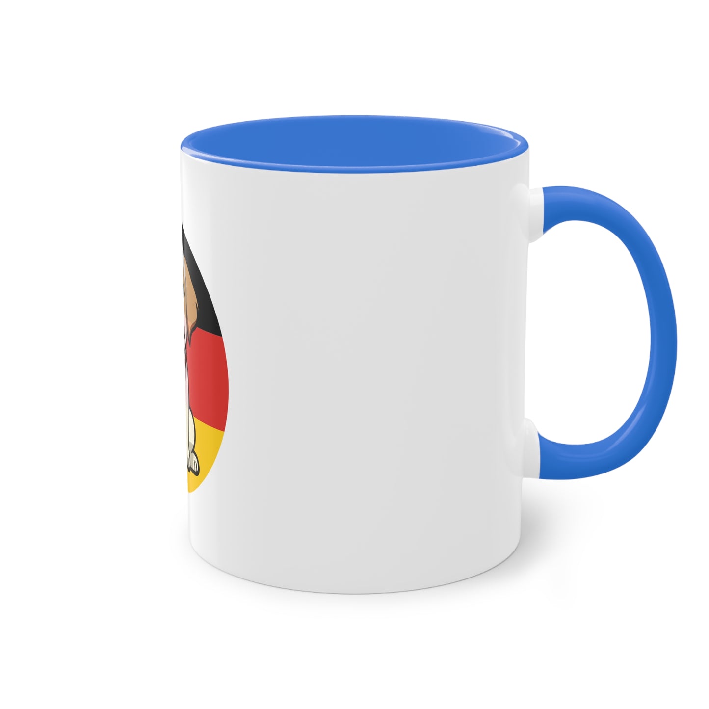 Deutschlands Bell-Brigade Puppy auf Kaffeetassen, Teetassen bedruckt; weißer Außenbereich mit mehrfarbigem Innenbereich und Henkel, große; 11 Unzen