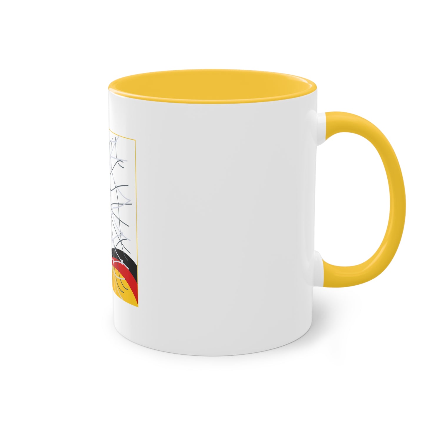 Deutschland Qualität Fußball auf Kaffeetassen, Teetassen bedruckt; weißer Außenbereich mit mehrfarbigem Innenbereich und Henkel, große; 11 Unzen