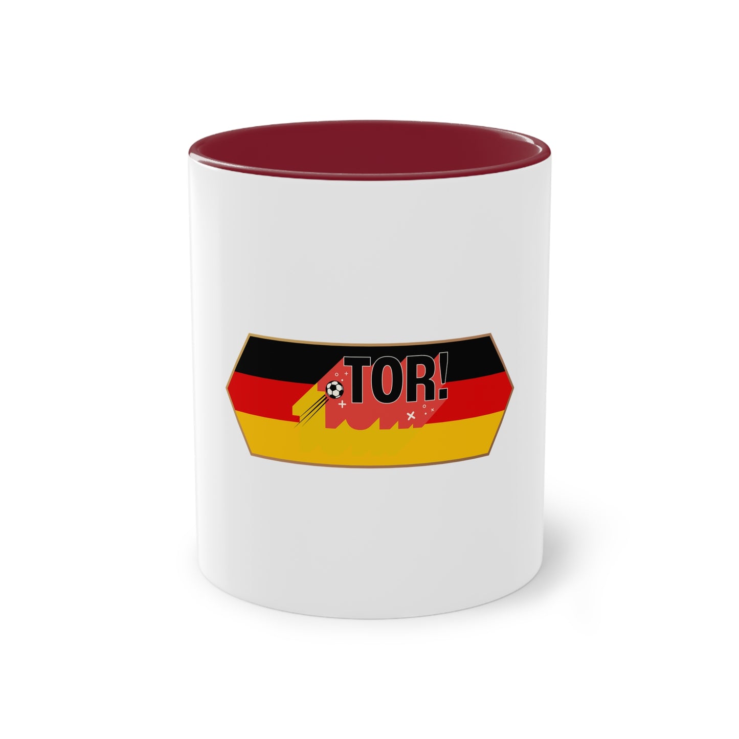 Tor!, Deutschland auf Kaffeetassen, Teetassen bedruckt; weißer Außenbereich mit mehrfarbigem Innenbereich und Henkel, große; 11 Unzen