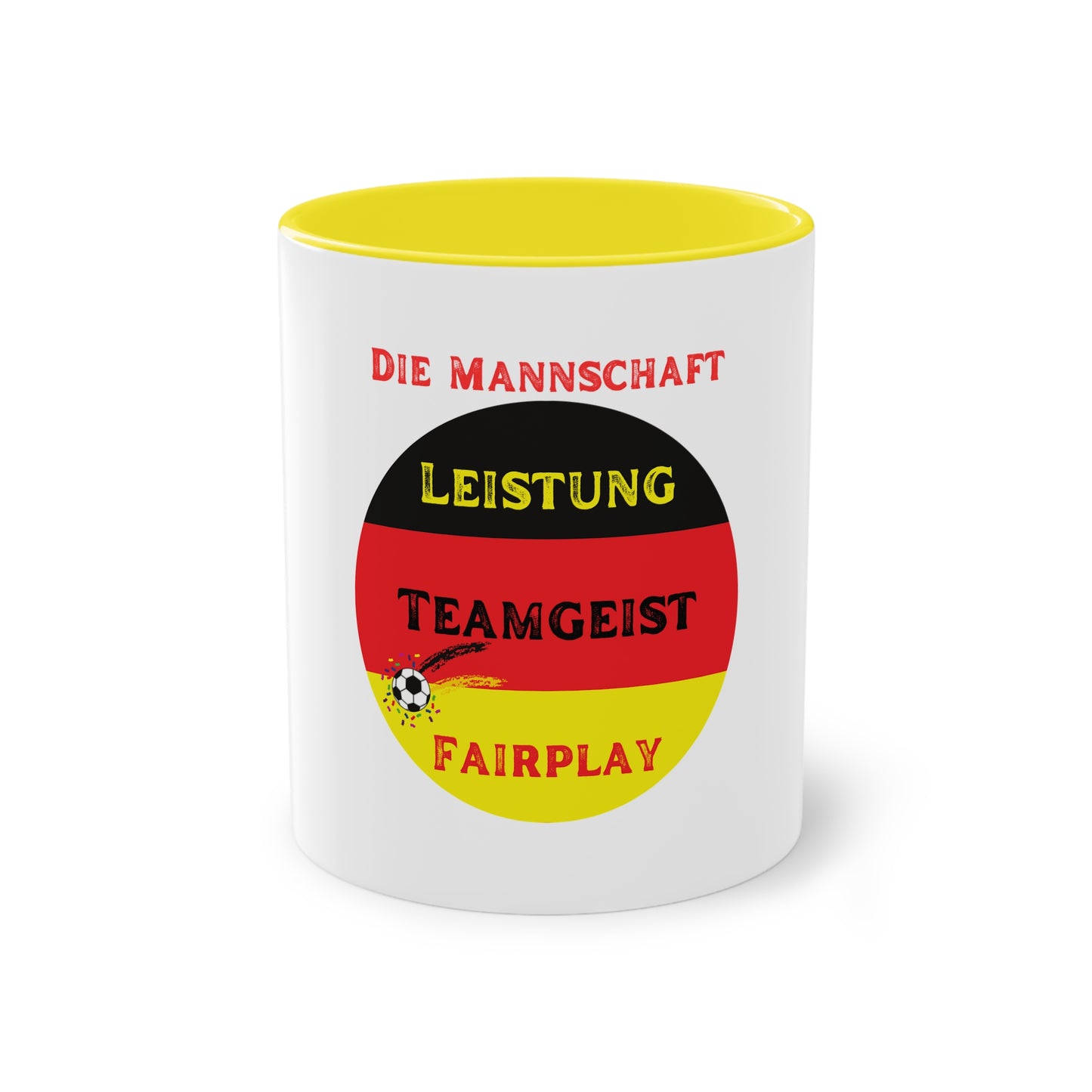 Die Mannschaft: Leistung, Teamgeist, Fairplay - auf Kaffeetassen, Teetassen bedruckt; weißer Außenbereich mit mehrfarbigem Innenbereich und Henkel, große; 11 Unzen