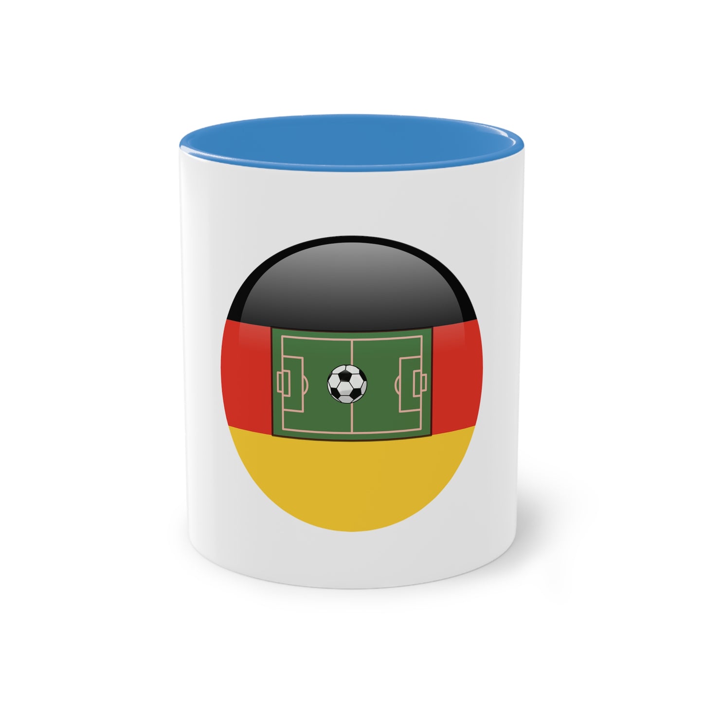 Top Qualität deutsches Soccer - auf Kaffeetassen, Teetassen bedruckt; weißer Außenbereich mit mehrfarbigem Innenbereich und Henkel, große; 11 Unzen