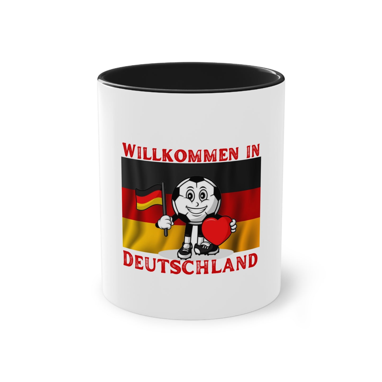 Willkommen in Deutschland - Stolz auf Deutschland - auf Kaffeetassen, Teetassen bedruckt; weißer Außenbereich mit mehrfarbigem Innenbereich und Henkel, große; 11 Unzen