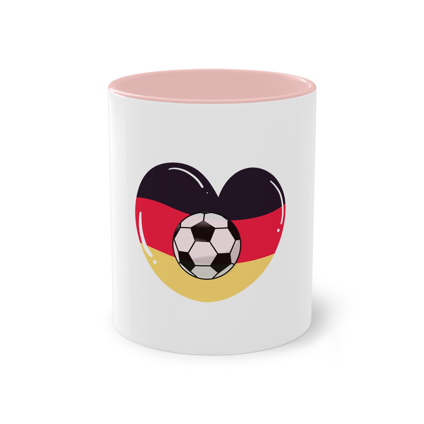 Ich liebe die Mannschaft auf Kaffeetassen, Teetassen bedruckt; weißer Außenbereich mit mehrfarbigem Innenbereich und Henkel, große; 11 Unzen