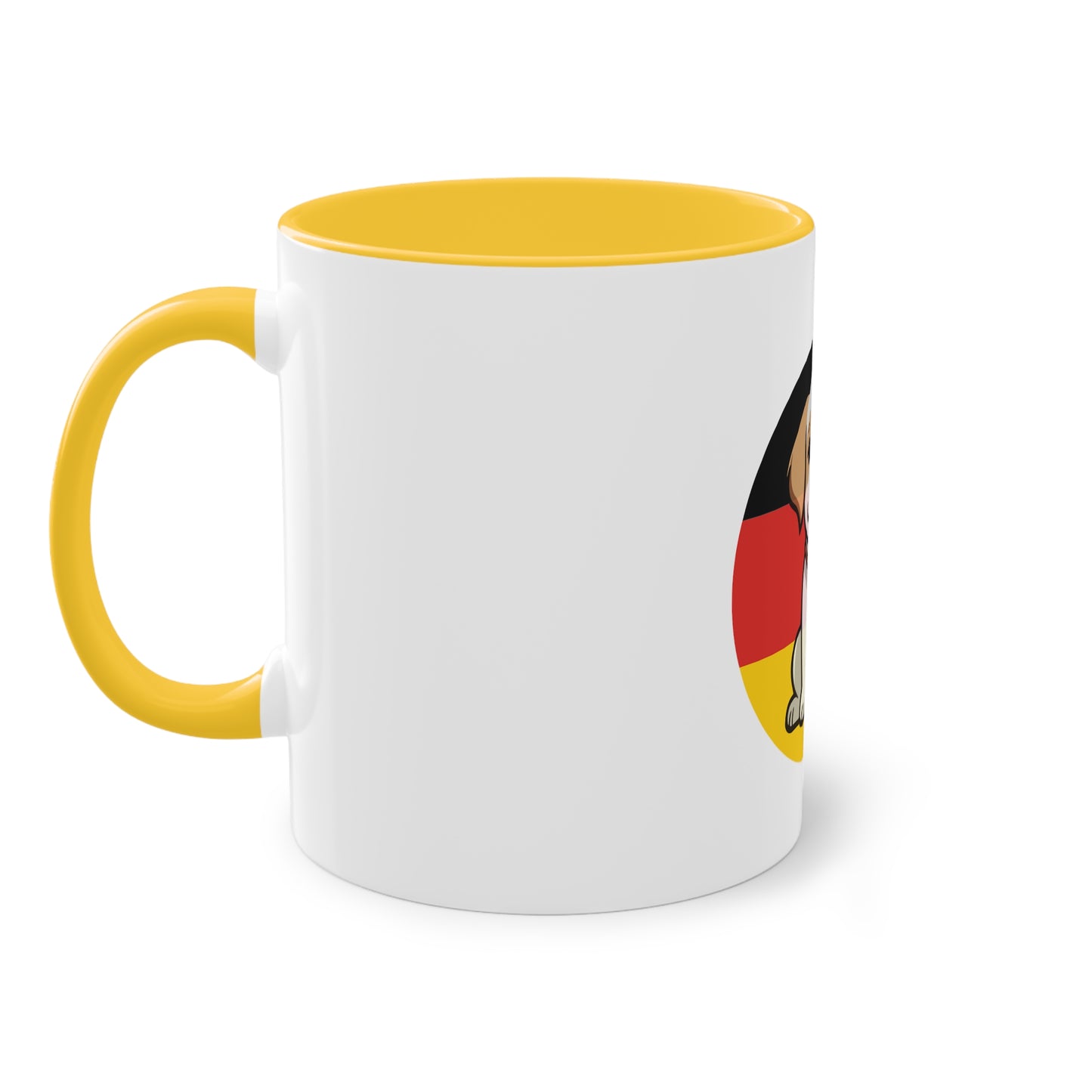 Deutschlands Bell-Brigade Puppy auf Kaffeetassen, Teetassen bedruckt; weißer Außenbereich mit mehrfarbigem Innenbereich und Henkel, große; 11 Unzen