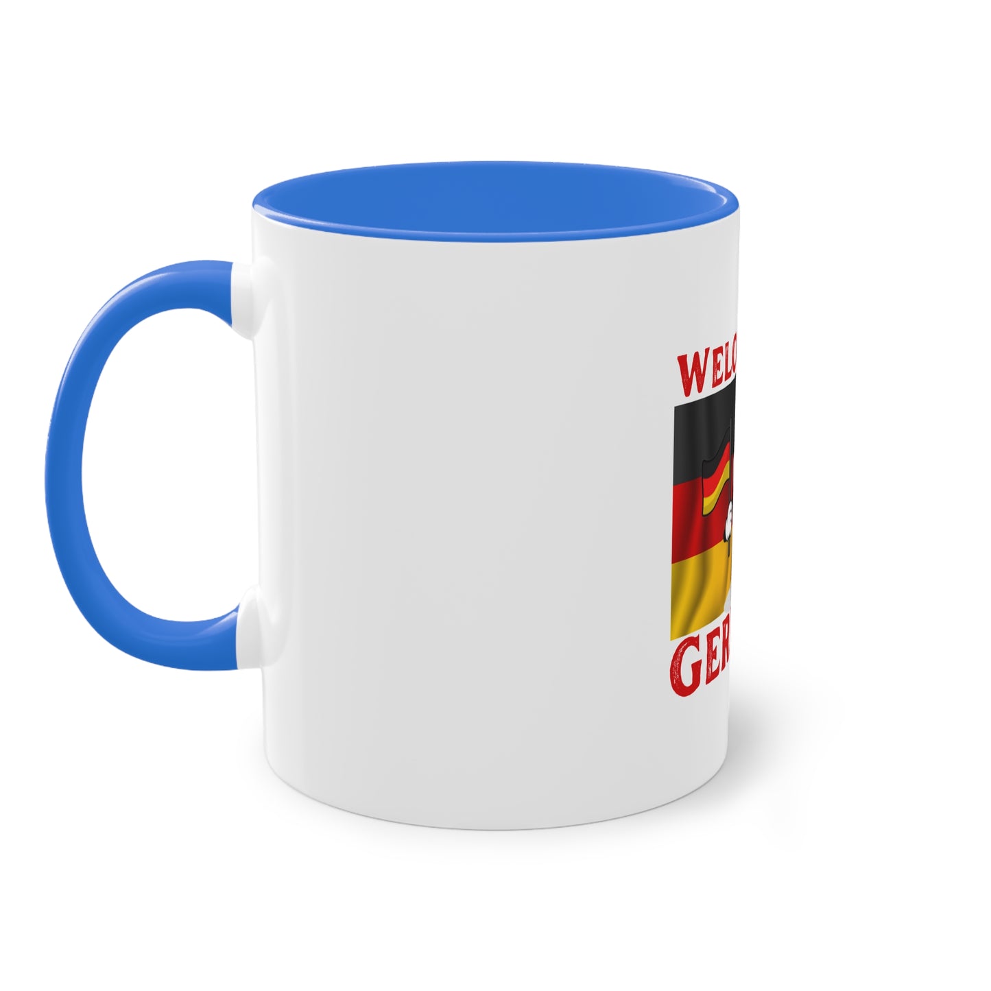 Welcome to Germany - Proud German culture auf Kaffeetassen, Teetassen bedruckt; weißer Außenbereich mit mehrfarbigem Innenbereich und Henkel, große; 11 Unzen.