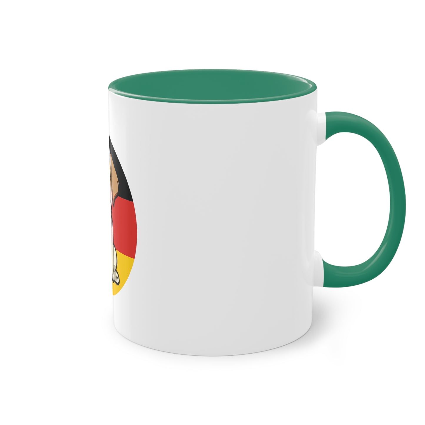 Deutschlands Bell-Brigade Puppy auf Kaffeetassen, Teetassen bedruckt; weißer Außenbereich mit mehrfarbigem Innenbereich und Henkel, große; 11 Unzen