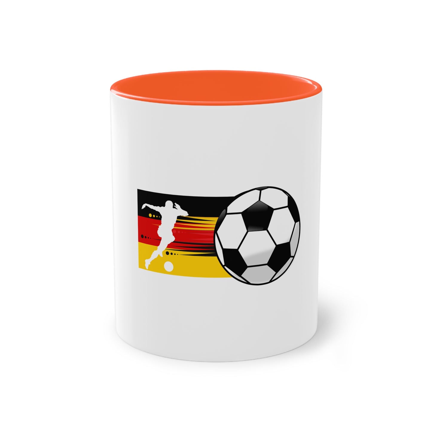 Die wahre Leidenschaft für Fußball auf Kaffeetassen bedruckt; weißer Außenbereich mit mehrfarbigem Innenbereich und Henkel, große; 11 Unzen