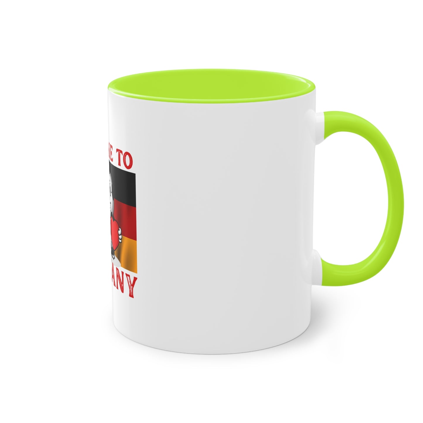 Welcome to Germany - Proud German culture auf Kaffeetassen, Teetassen bedruckt; weißer Außenbereich mit mehrfarbigem Innenbereich und Henkel, große; 11 Unzen.