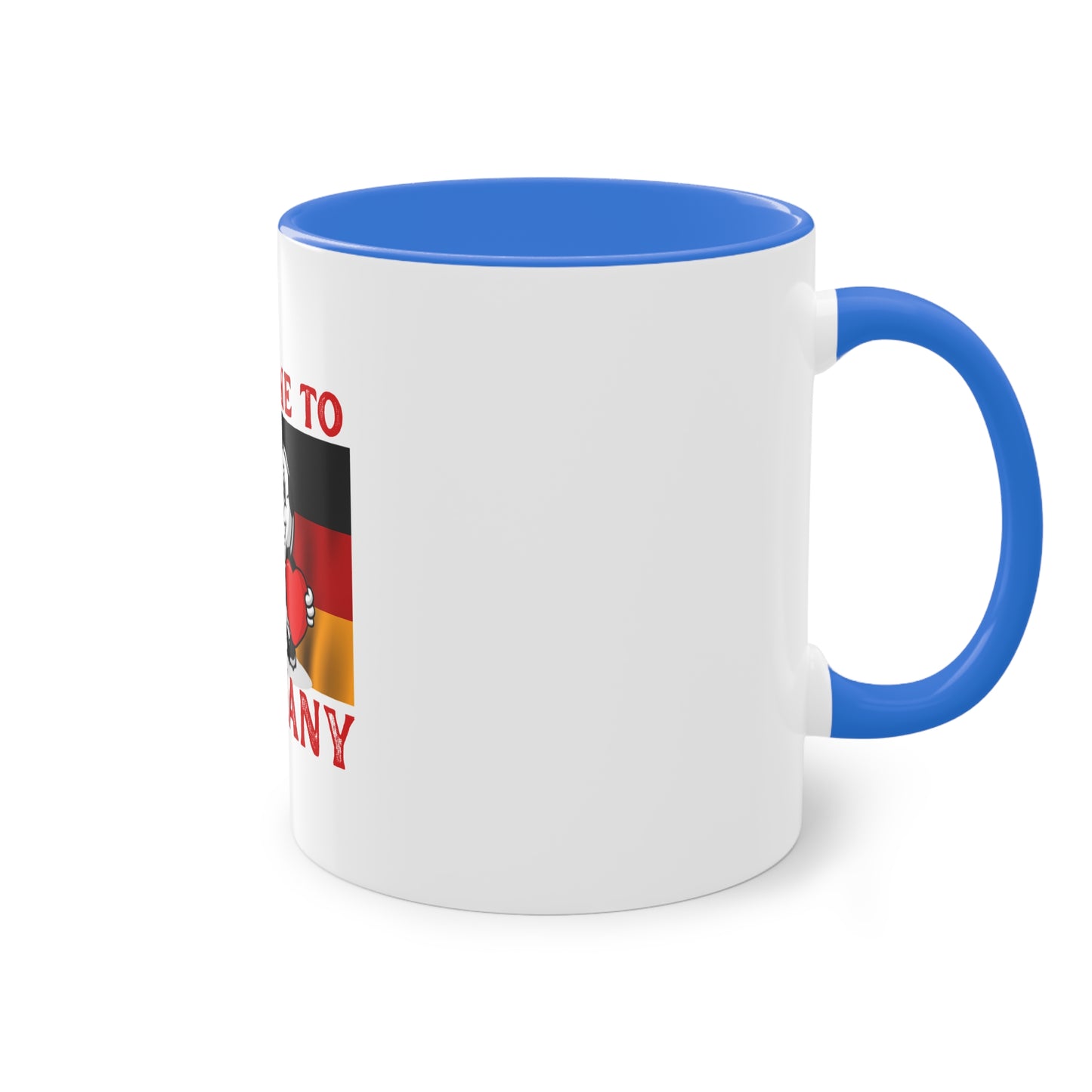 Welcome to Germany - Proud German culture auf Kaffeetassen, Teetassen bedruckt; weißer Außenbereich mit mehrfarbigem Innenbereich und Henkel, große; 11 Unzen.