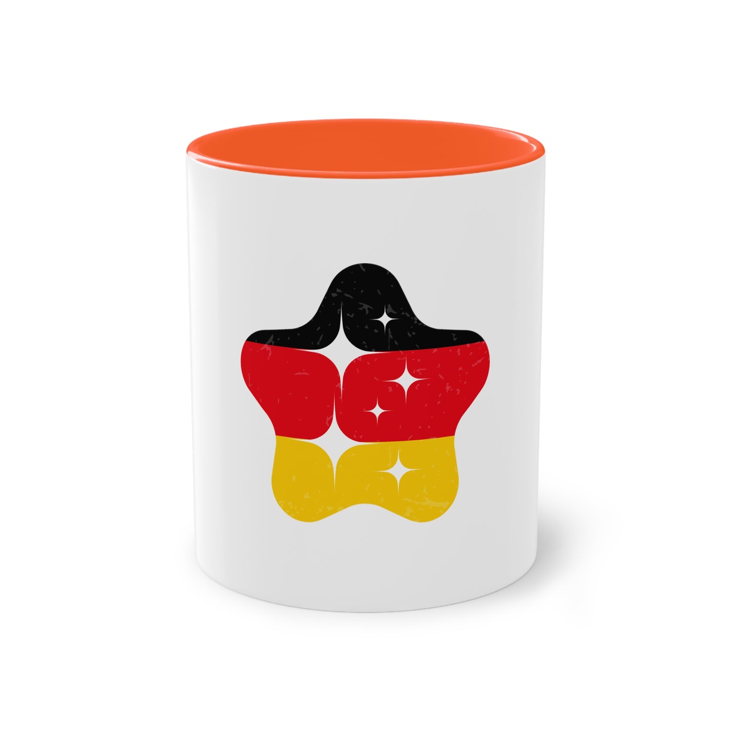 Sternchen für Deutschland auf Kaffeetassen, Teetassen bedruckt; weißer Außenbereich mit mehrfarbigem Innenbereich und Henkel, große; 11 Unzen