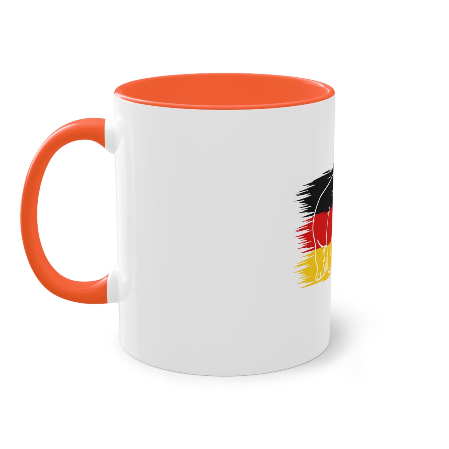 Deutschland, stark wie ein Bär auf Deutsche Gastfreundschaft gekrönt auf Kaffeetassen, Teetassen bedruckt; weißer Außenbereich mit mehrfarbigem Innenbereich und Henkel, große; 11 Unzen