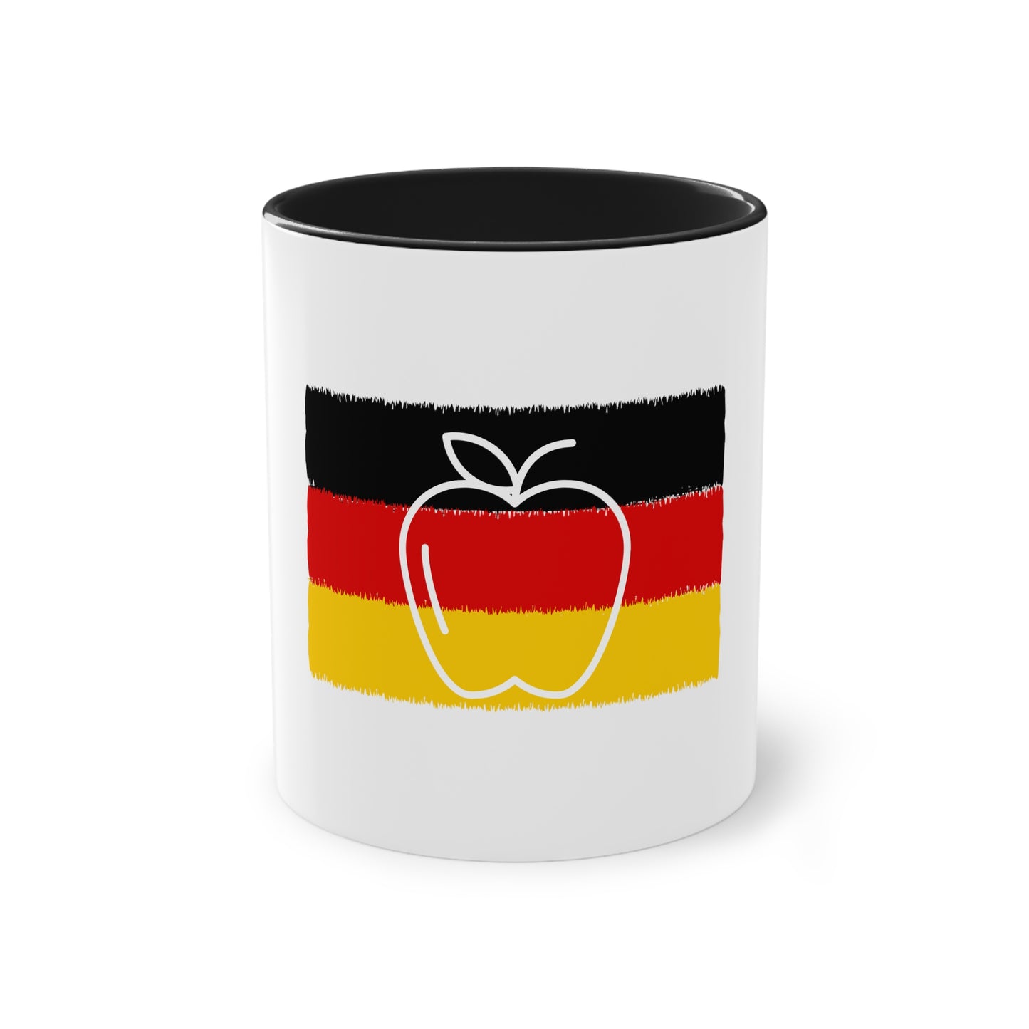 Apfel, ein Symbol für Energie und Liebe auf Kaffeetassen, Teetassen bedruckt; weißer Außenbereich mit mehrfarbigem Innenbereich und Henkel, große; 11 Unzen