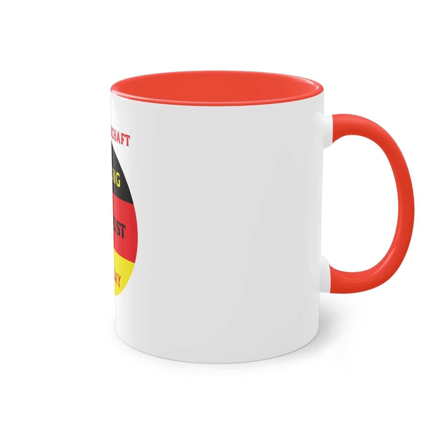 Die Mannschaft: Leistung, Teamgeist, Fairplay - auf Kaffeetassen, Teetassen bedruckt; weißer Außenbereich mit mehrfarbigem Innenbereich und Henkel, große; 11 Unzen