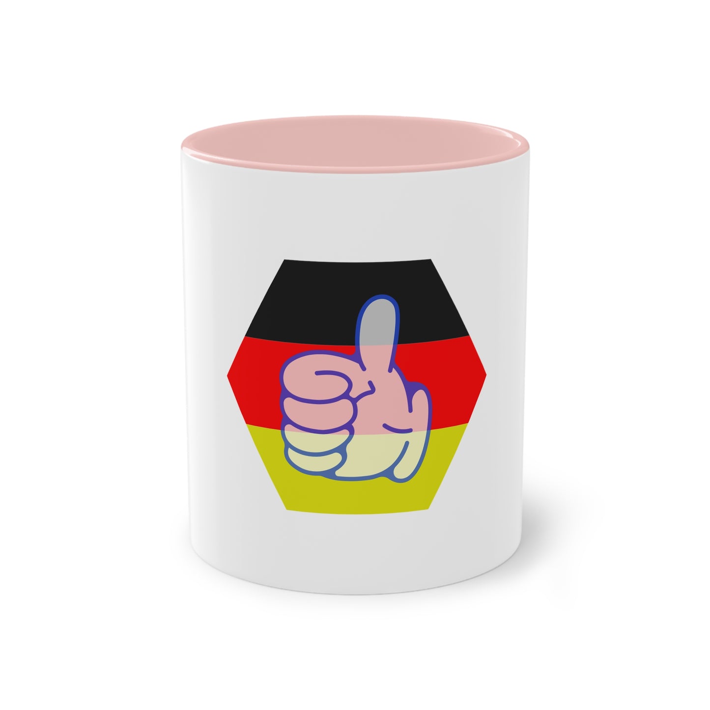 DE Thumbs-up auf Kaffeetassen, Teetassen bedruckt; weißer Außenbereich mit mehrfarbigem Innenbereich und Henkel, große; 11 Unzen