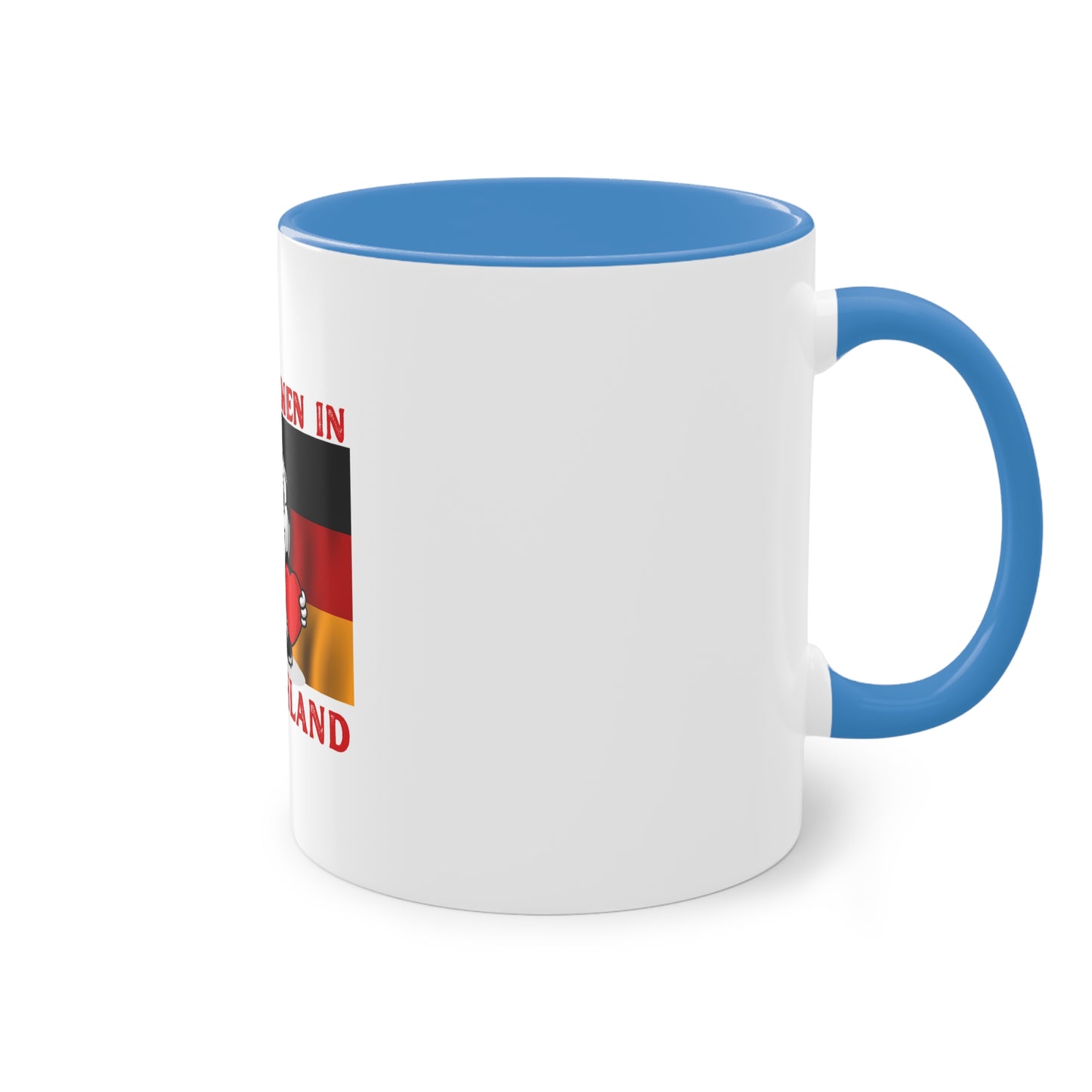 Willkommen in Deutschland - Stolz auf Deutschland - auf Kaffeetassen, Teetassen bedruckt; weißer Außenbereich mit mehrfarbigem Innenbereich und Henkel, große; 11 Unzen