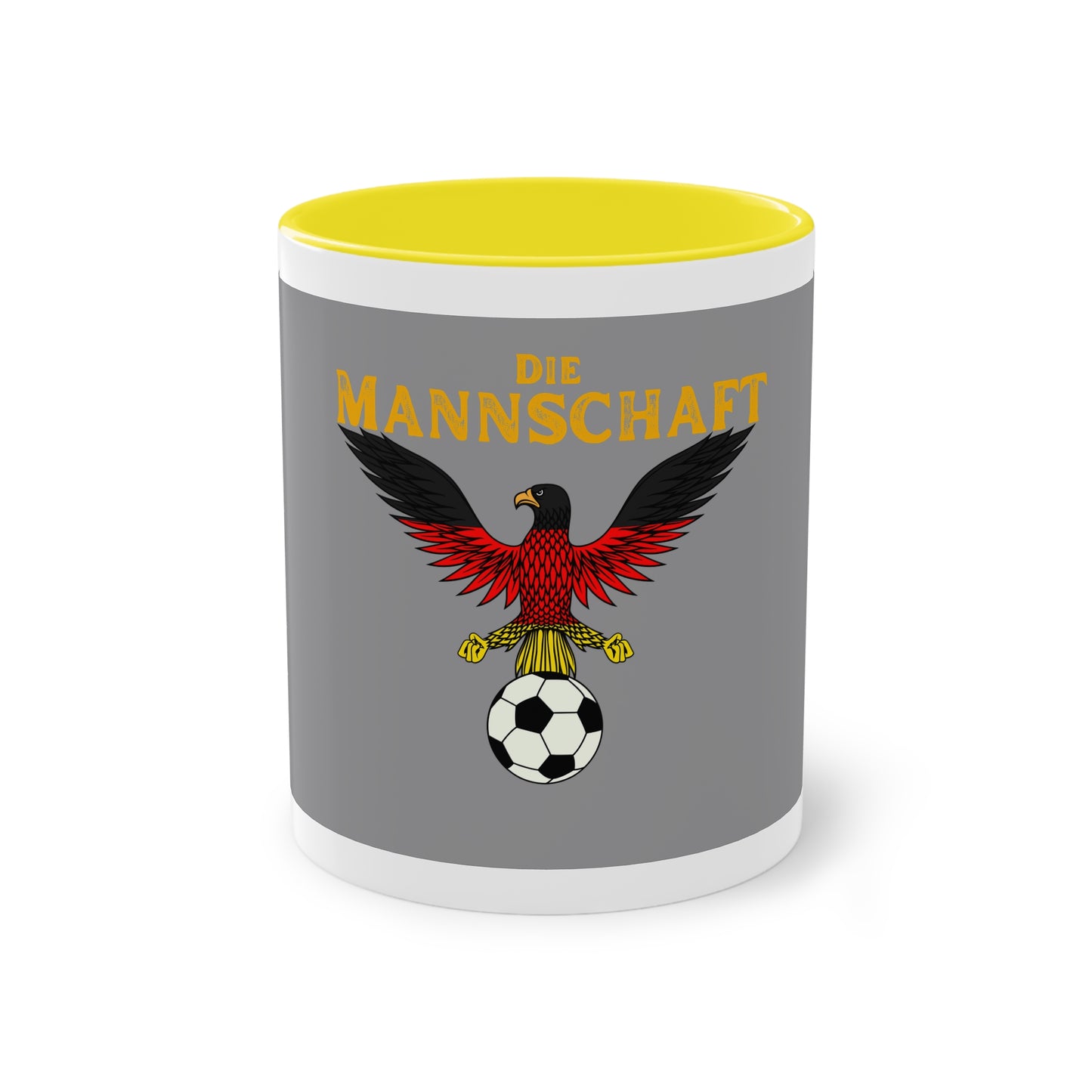 Die Mannschaft - Leistung ohne Ende auf Kaffeetassen, Teetassen bedruckt; weißer Außenbereich mit mehrfarbigem Innenbereich und Henkel, große; 11 Unzen.