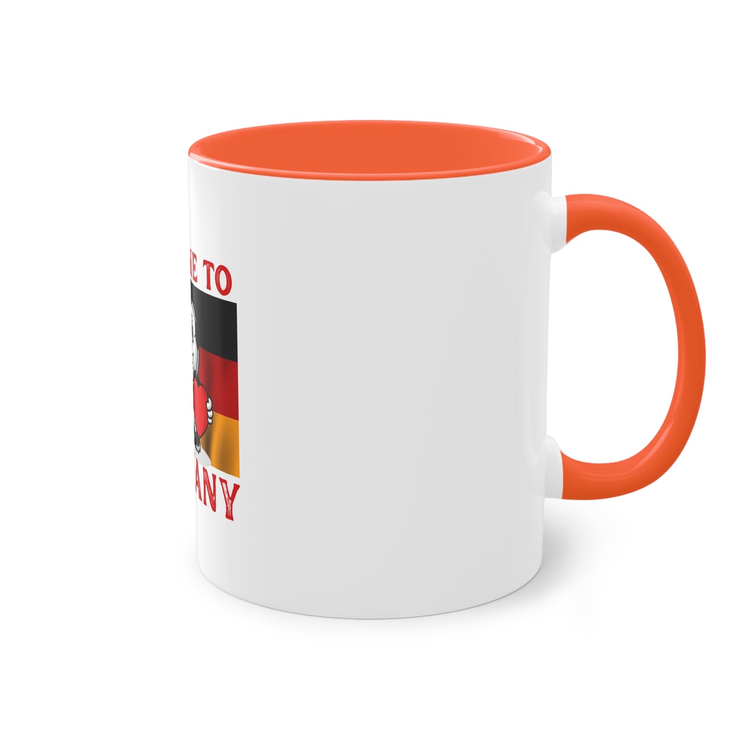 Welcome to Germany - Proud German culture auf Kaffeetassen, Teetassen bedruckt; weißer Außenbereich mit mehrfarbigem Innenbereich und Henkel, große; 11 Unzen.