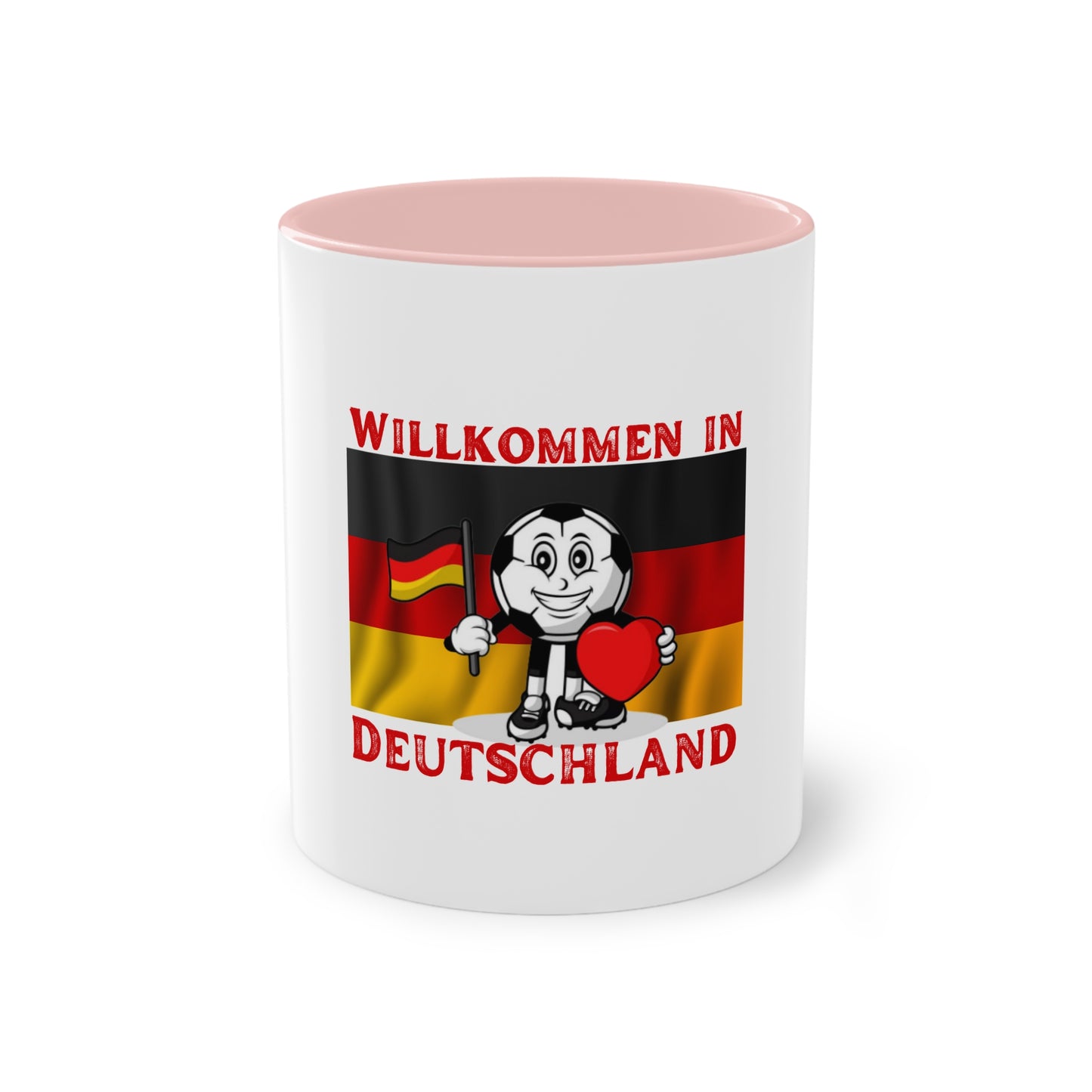 Willkommen in Deutschland - Stolz auf Deutschland - auf Kaffeetassen, Teetassen bedruckt; weißer Außenbereich mit mehrfarbigem Innenbereich und Henkel, große; 11 Unzen