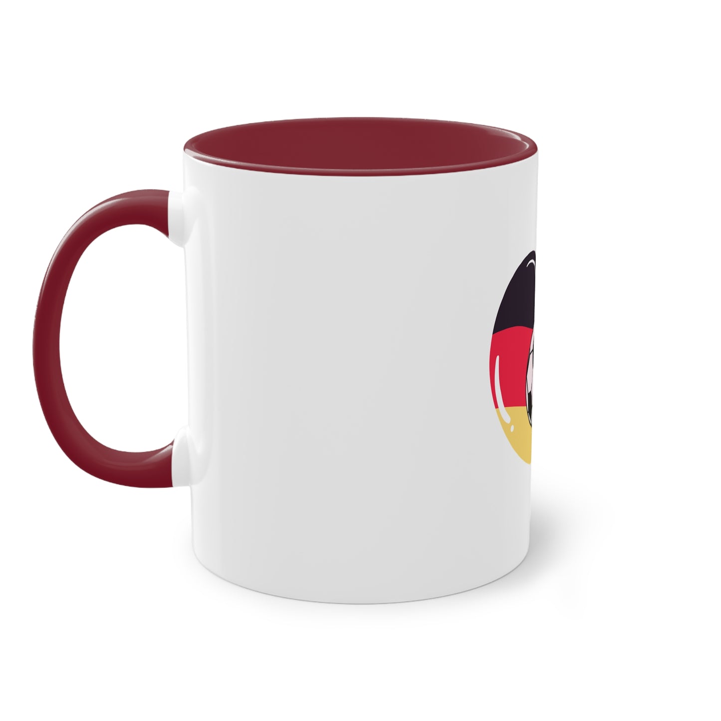 Ich liebe die Mannschaft auf Kaffeetassen, Teetassen bedruckt; weißer Außenbereich mit mehrfarbigem Innenbereich und Henkel, große; 11 Unzen