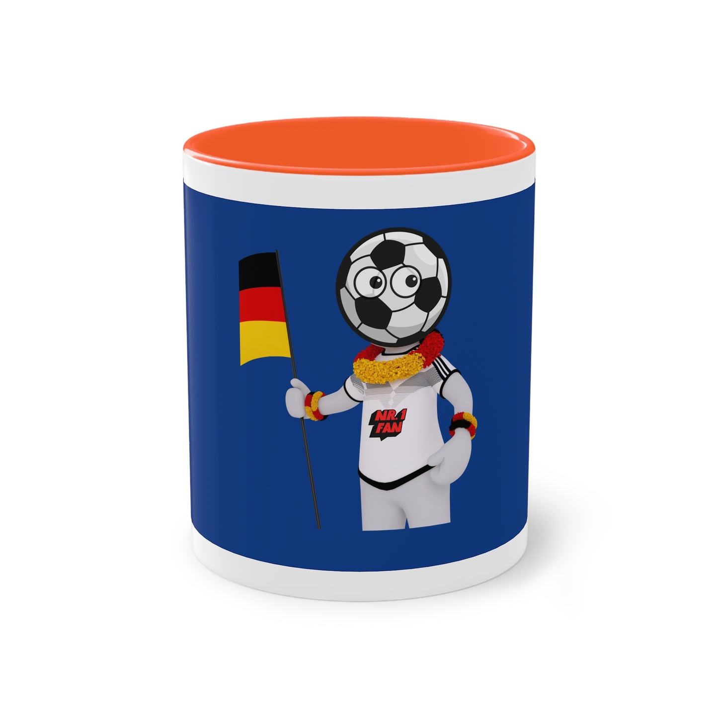 Nummer 1 Fan für Deutschland auf Kaffeetassen bedruckt; weißer Außenbereich mit mehrfarbigem Innenbereich und Henkel, große; 11 Unzen