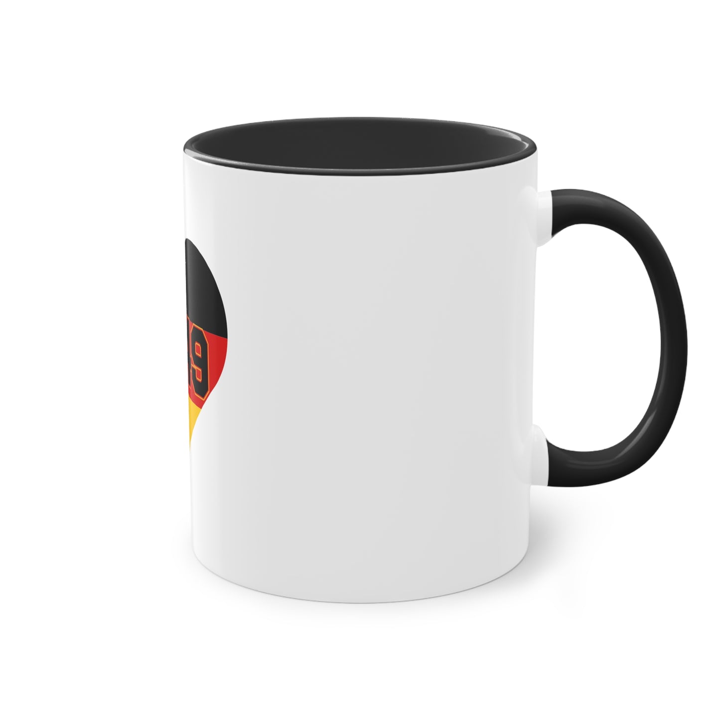 0049 Liebe für Deutschland auf Kaffeetassen, Teetassen bedruckt; weißer Außenbereich mit mehrfarbigem Innenbereich und Henkel, große; 11 Unzen