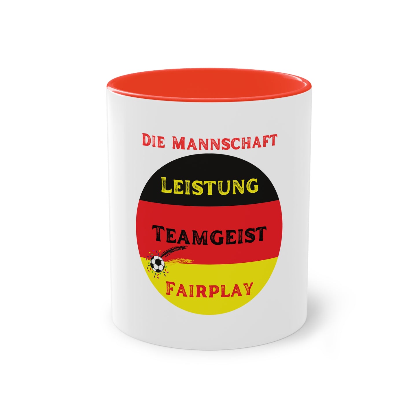 Die Mannschaft: Leistung, Teamgeist, Fairplay - auf Kaffeetassen, Teetassen bedruckt; weißer Außenbereich mit mehrfarbigem Innenbereich und Henkel, große; 11 Unzen