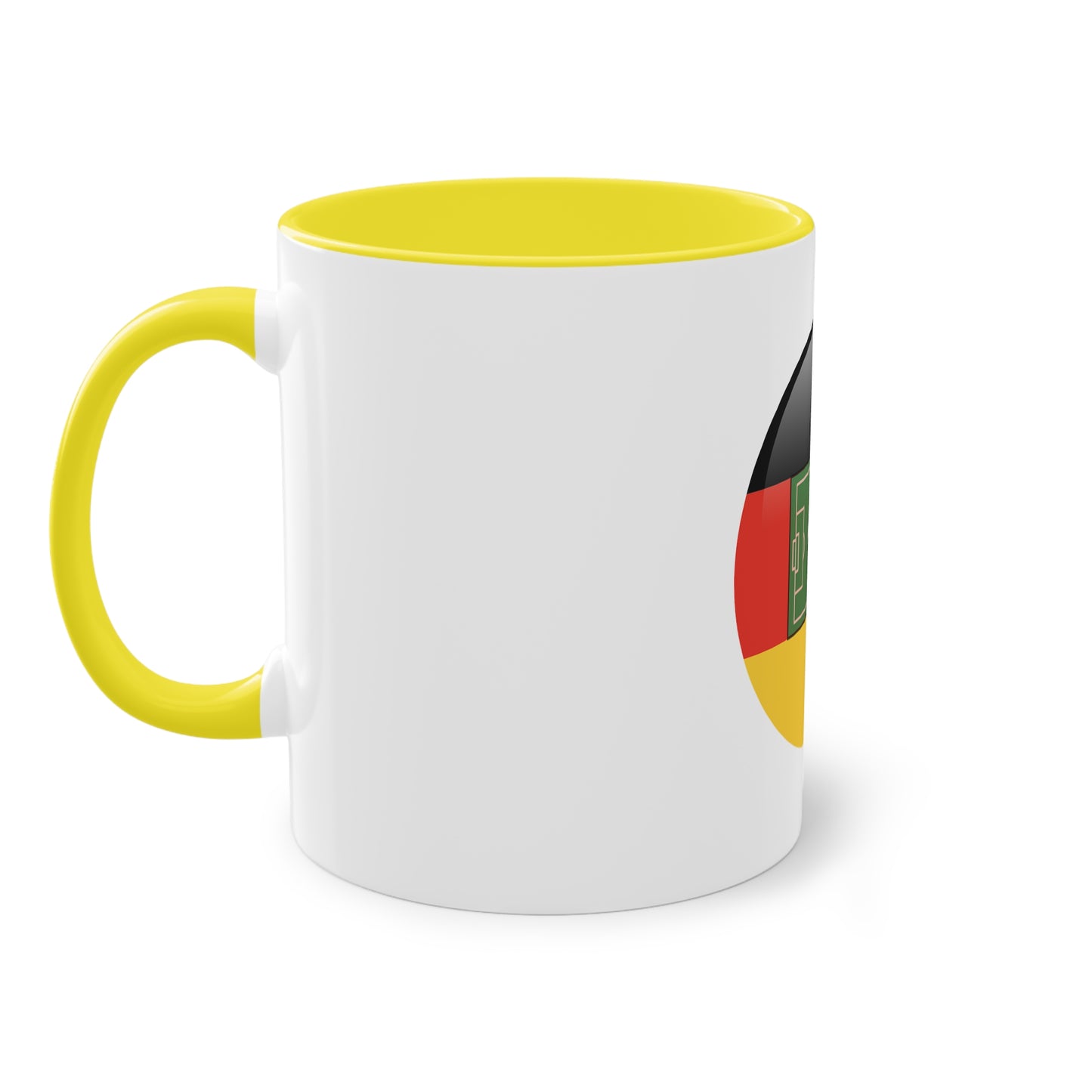 Top Qualität deutsches Soccer - auf Kaffeetassen, Teetassen bedruckt; weißer Außenbereich mit mehrfarbigem Innenbereich und Henkel, große; 11 Unzen