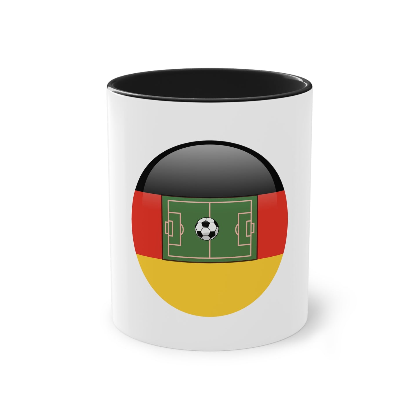 Top Qualität deutsches Soccer - auf Kaffeetassen, Teetassen bedruckt; weißer Außenbereich mit mehrfarbigem Innenbereich und Henkel, große; 11 Unzen