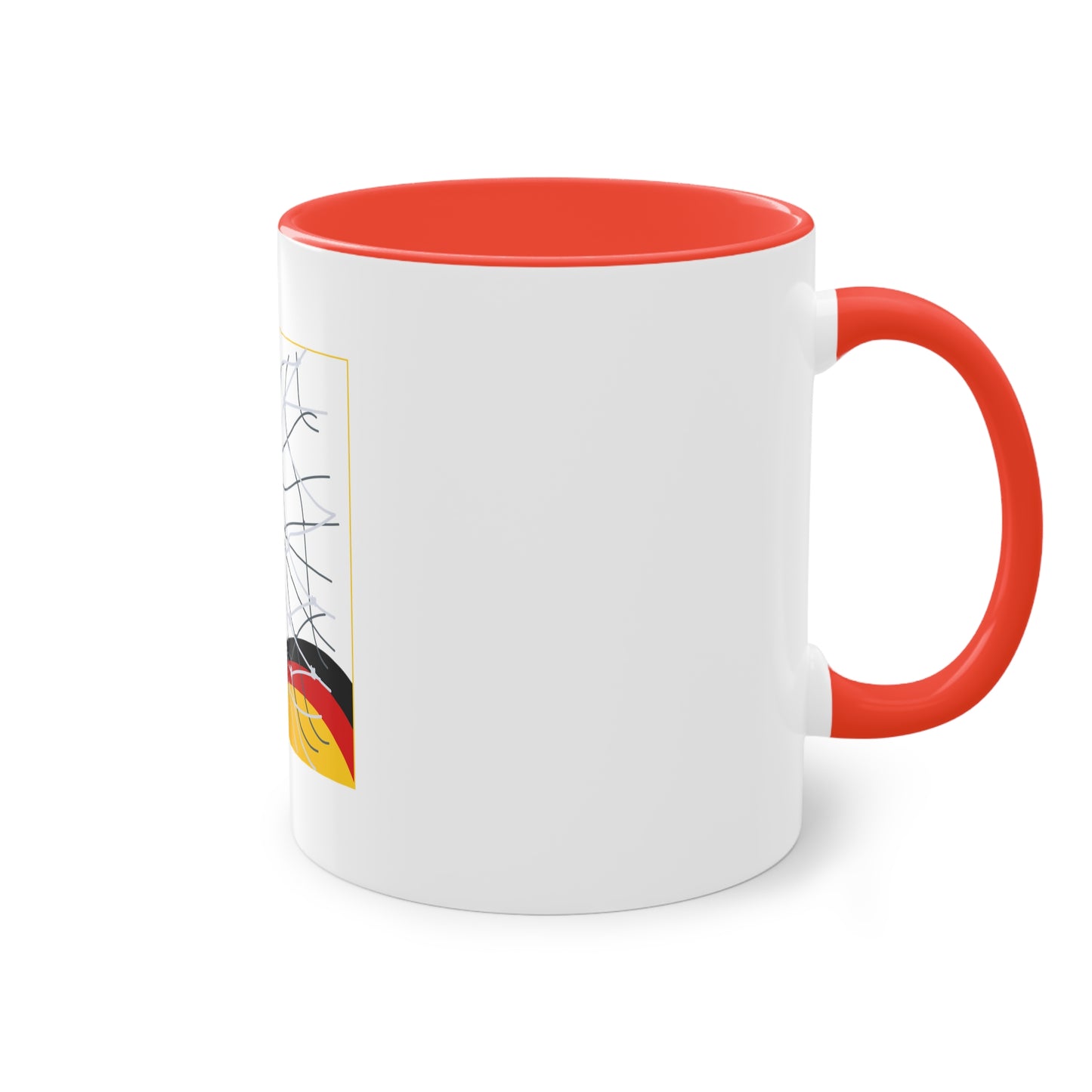 Deutschland Qualität Fußball auf Kaffeetassen, Teetassen bedruckt; weißer Außenbereich mit mehrfarbigem Innenbereich und Henkel, große; 11 Unzen