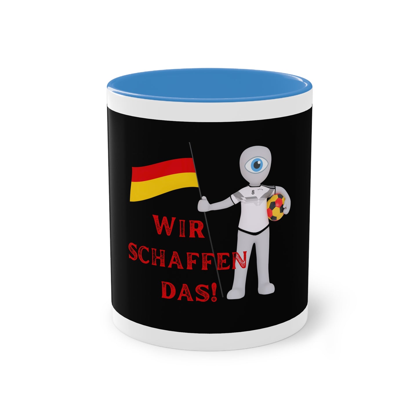 Wir schaffen das! - für Deutschland auf Kaffeetassen bedruckt; weißer Außenbereich mit mehrfarbigem Innenbereich und Henkel, große; 11 Unzen