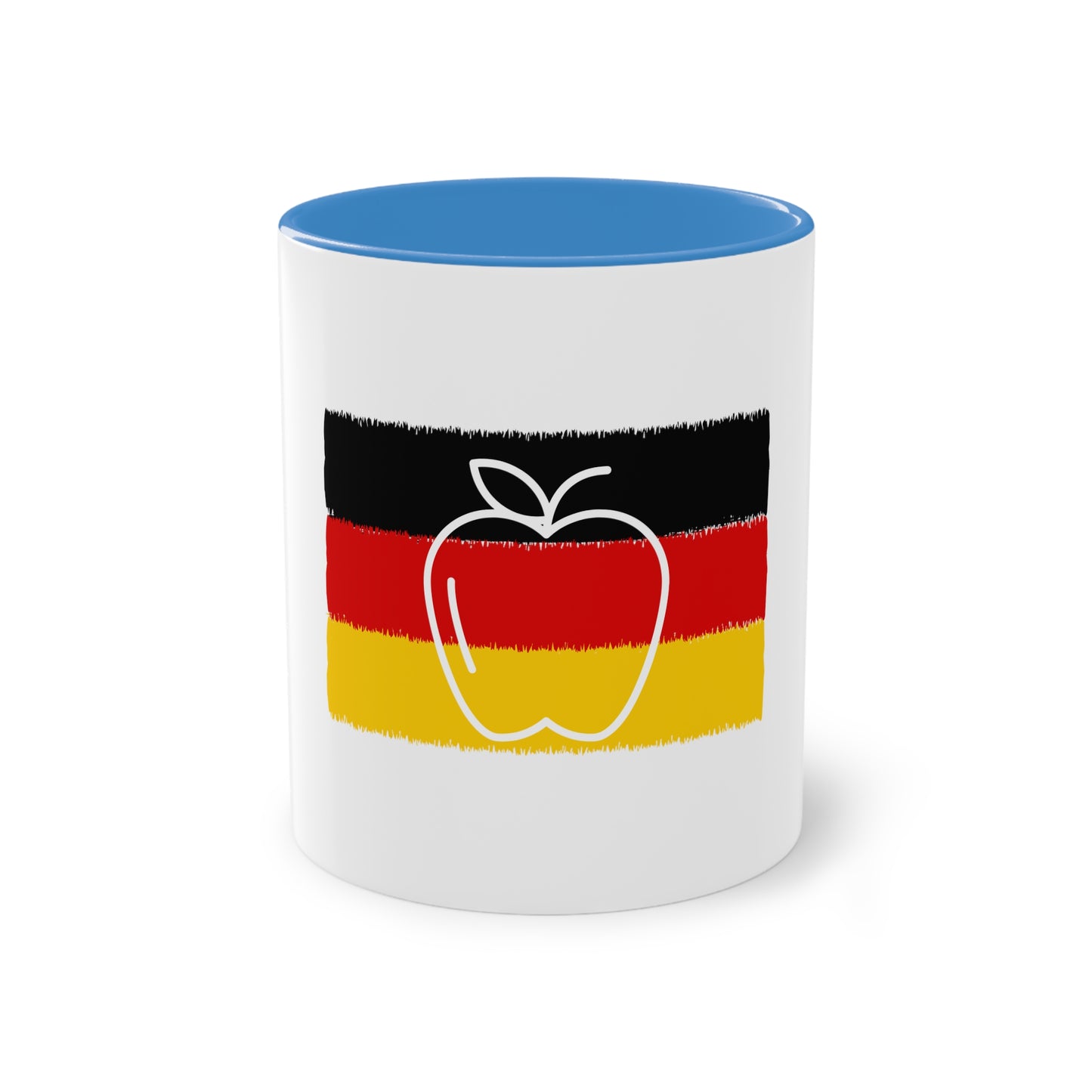 Apfel, ein Symbol für Energie und Liebe auf Kaffeetassen, Teetassen bedruckt; weißer Außenbereich mit mehrfarbigem Innenbereich und Henkel, große; 11 Unzen