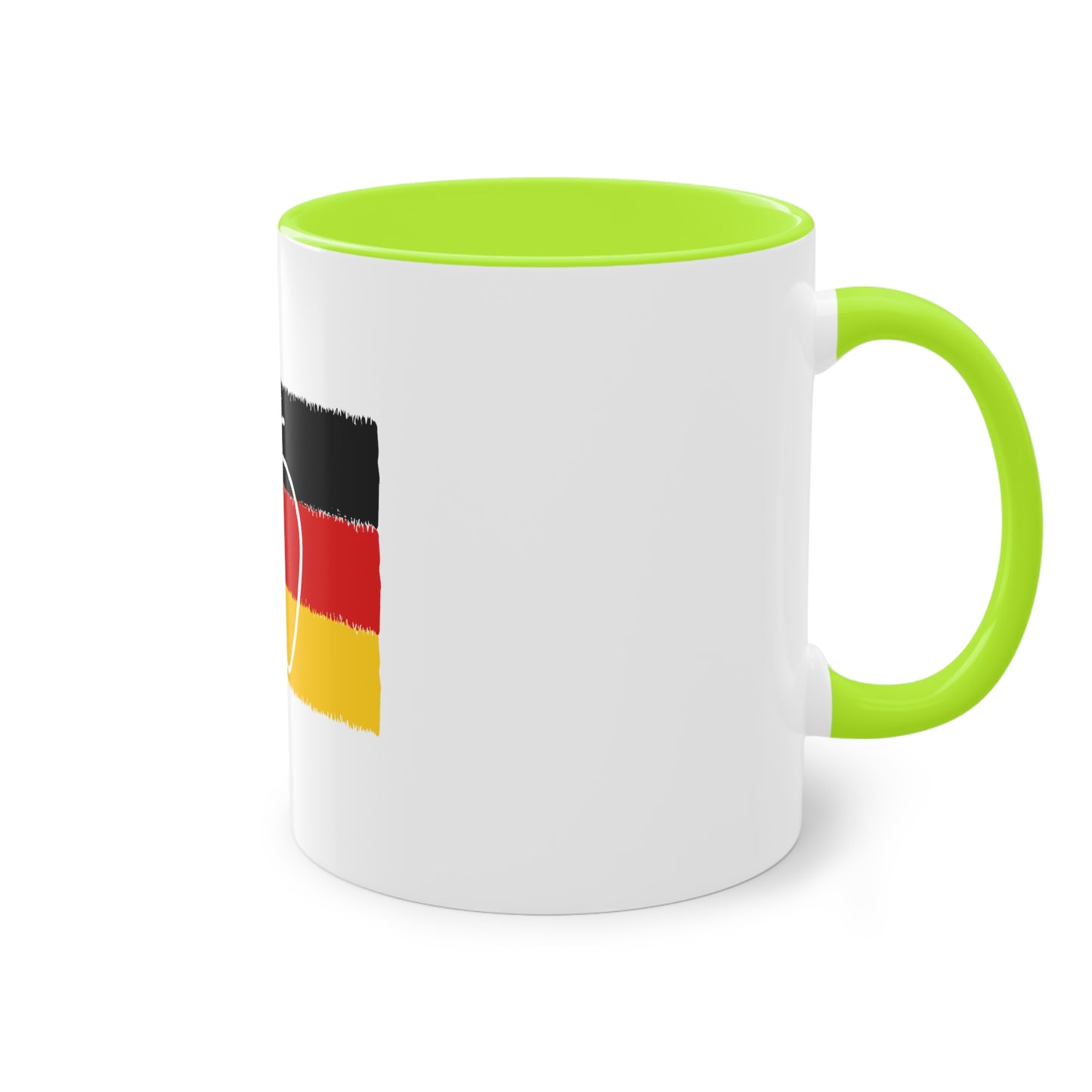 Apfel, ein Symbol für Energie und Liebe auf Kaffeetassen, Teetassen bedruckt; weißer Außenbereich mit mehrfarbigem Innenbereich und Henkel, große; 11 Unzen