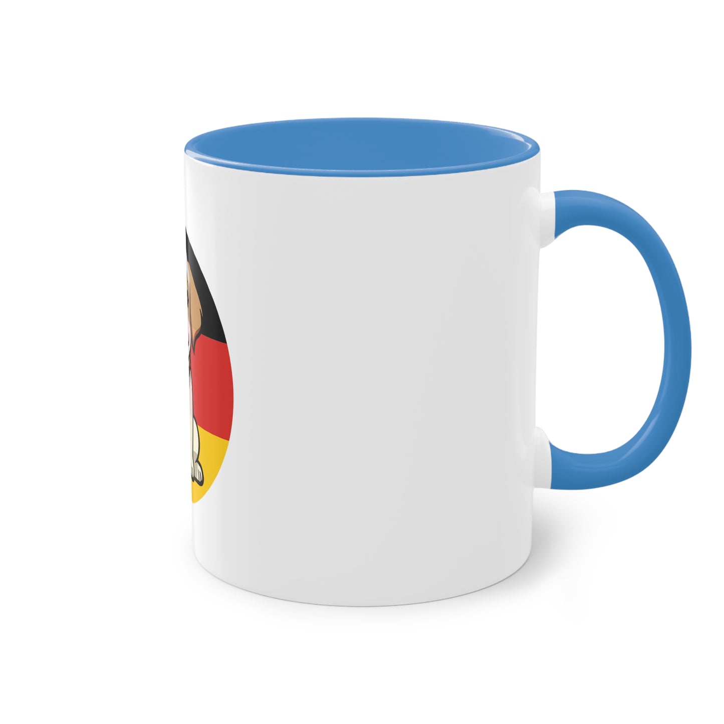 Deutschlands Bell-Brigade Puppy auf Kaffeetassen, Teetassen bedruckt; weißer Außenbereich mit mehrfarbigem Innenbereich und Henkel, große; 11 Unzen