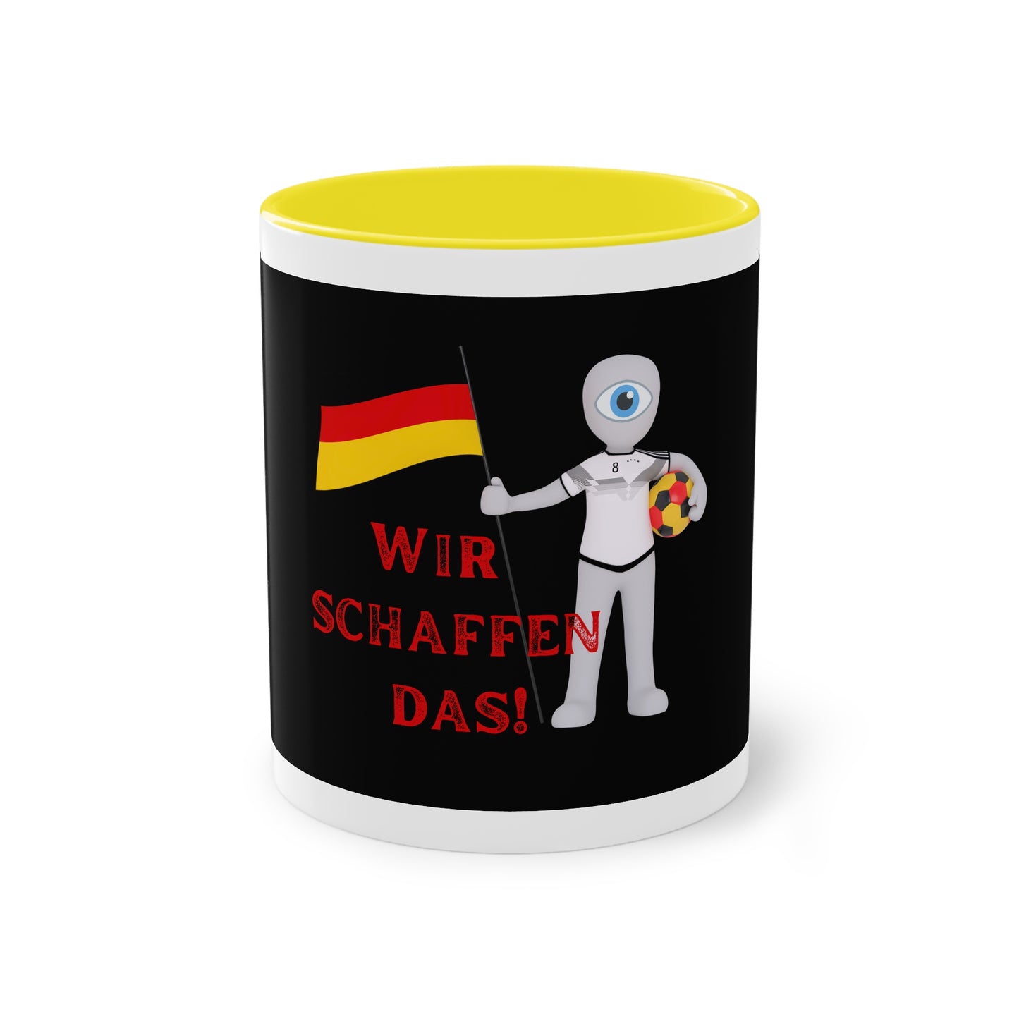Wir schaffen das! - für Deutschland auf Kaffeetassen bedruckt; weißer Außenbereich mit mehrfarbigem Innenbereich und Henkel, große; 11 Unzen