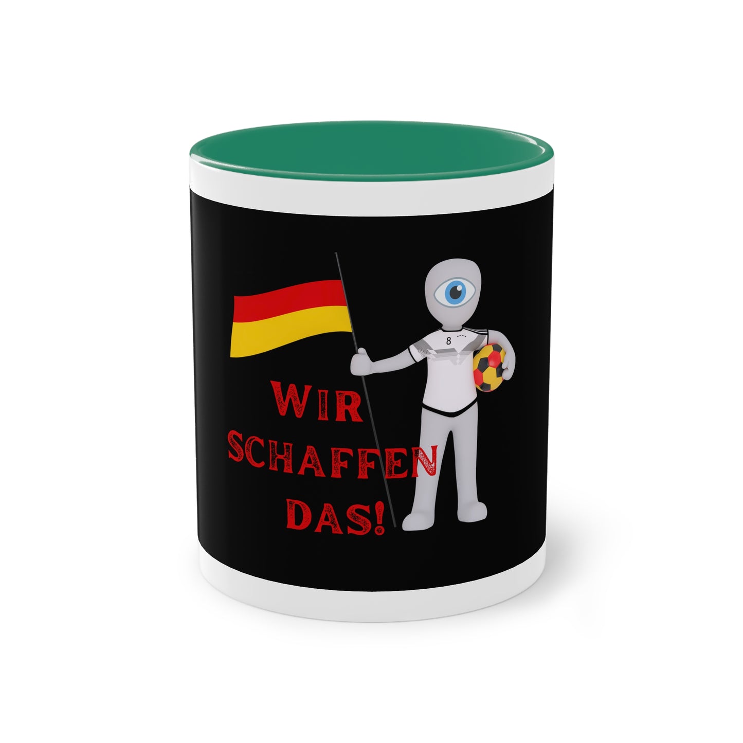Wir schaffen das! - für Deutschland auf Kaffeetassen bedruckt; weißer Außenbereich mit mehrfarbigem Innenbereich und Henkel, große; 11 Unzen