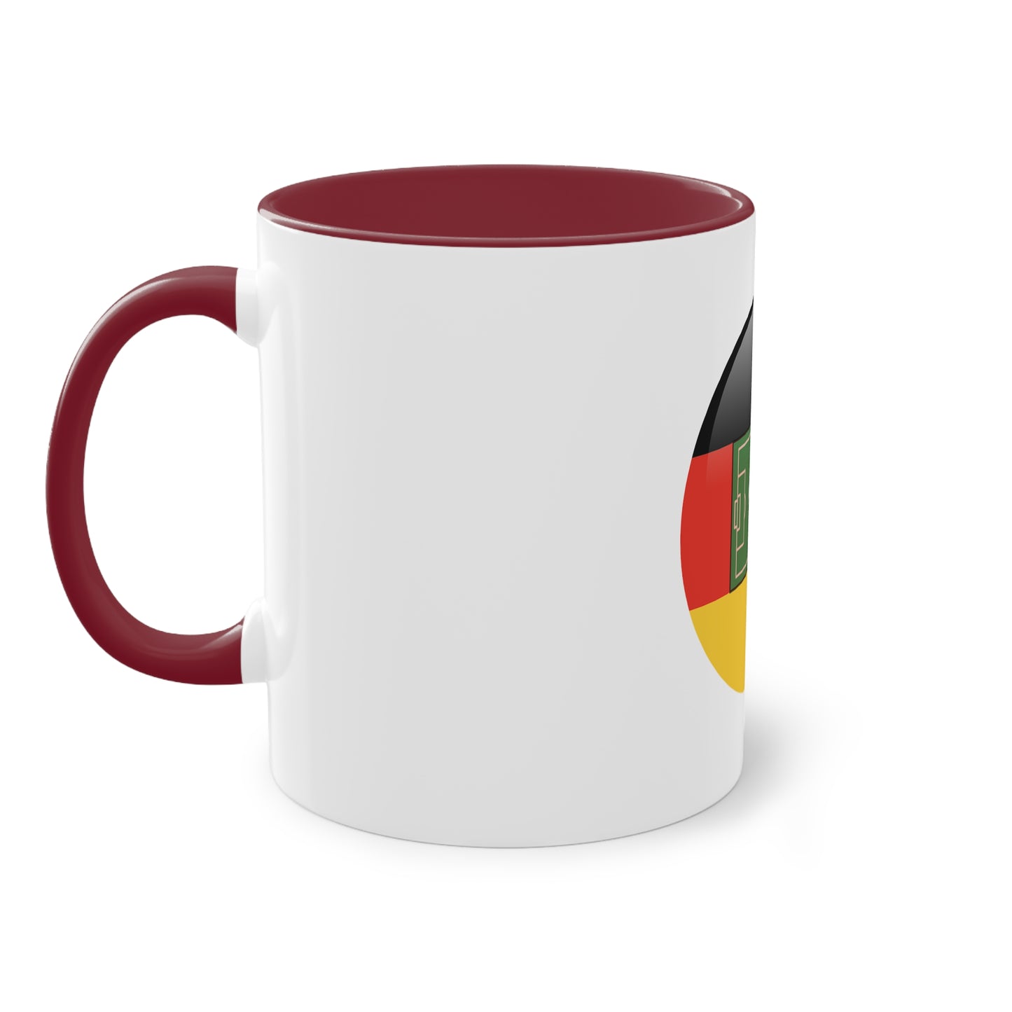 Top Qualität deutsches Soccer - auf Kaffeetassen, Teetassen bedruckt; weißer Außenbereich mit mehrfarbigem Innenbereich und Henkel, große; 11 Unzen