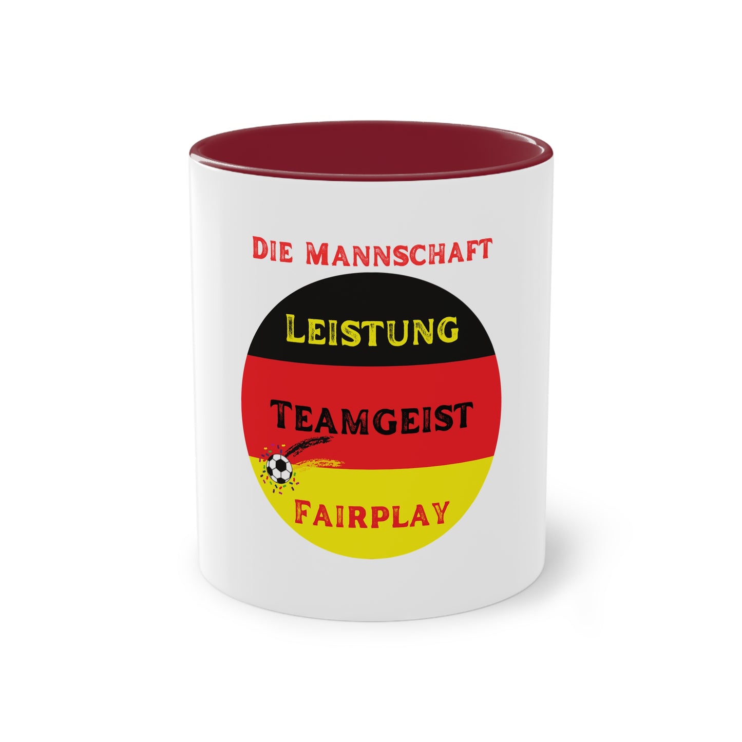 Die Mannschaft: Leistung, Teamgeist, Fairplay - auf Kaffeetassen, Teetassen bedruckt; weißer Außenbereich mit mehrfarbigem Innenbereich und Henkel, große; 11 Unzen