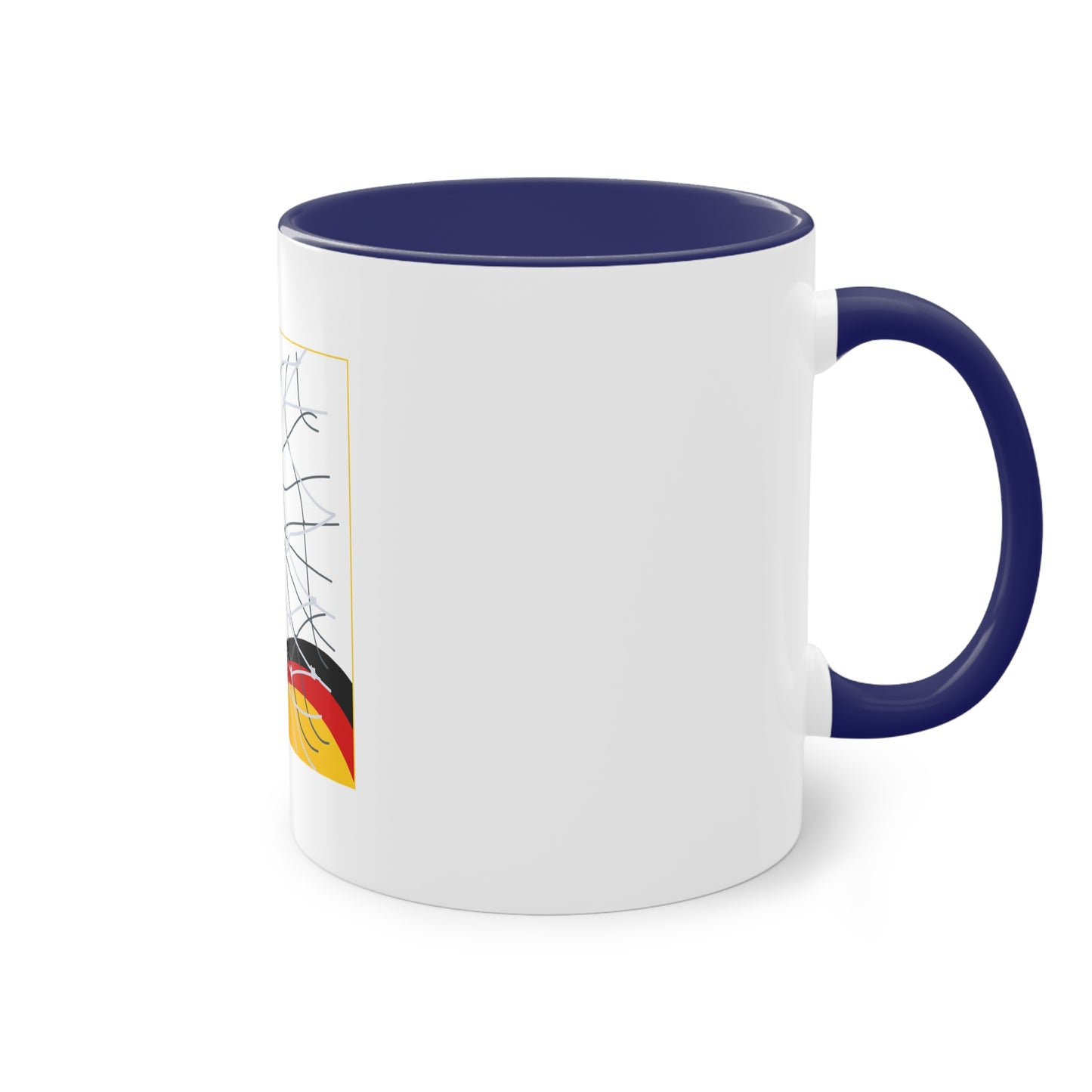 Deutschland Qualität Fußball auf Kaffeetassen, Teetassen bedruckt; weißer Außenbereich mit mehrfarbigem Innenbereich und Henkel, große; 11 Unzen