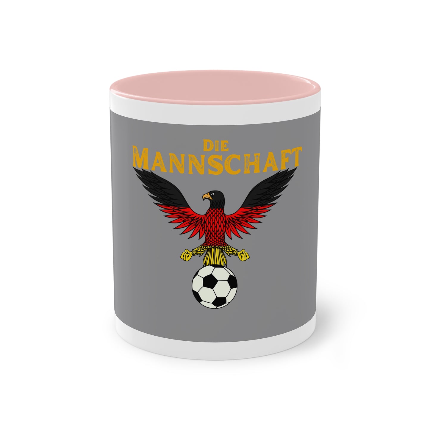 Die Mannschaft - Leistung ohne Ende auf Kaffeetassen, Teetassen bedruckt; weißer Außenbereich mit mehrfarbigem Innenbereich und Henkel, große; 11 Unzen.