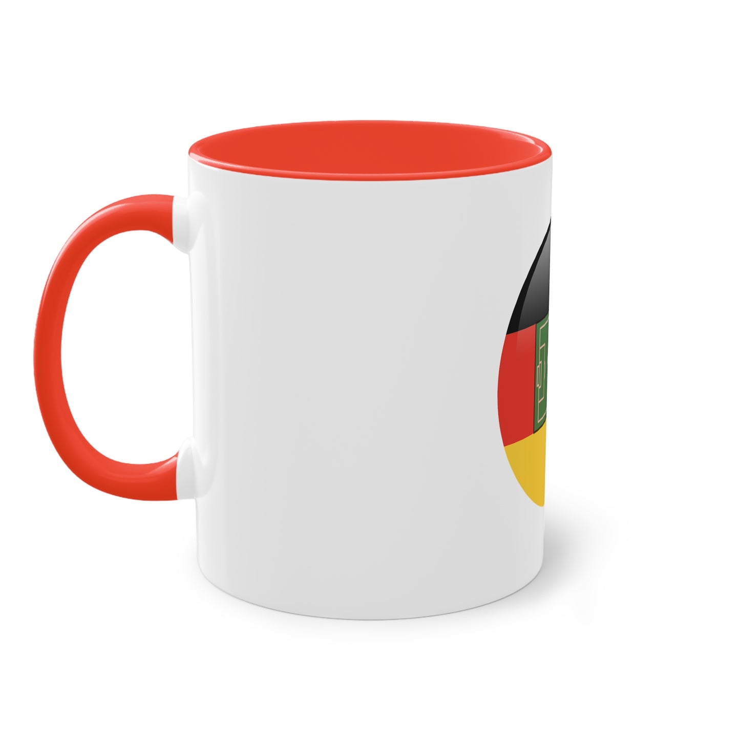 Top Qualität deutsches Soccer - auf Kaffeetassen, Teetassen bedruckt; weißer Außenbereich mit mehrfarbigem Innenbereich und Henkel, große; 11 Unzen