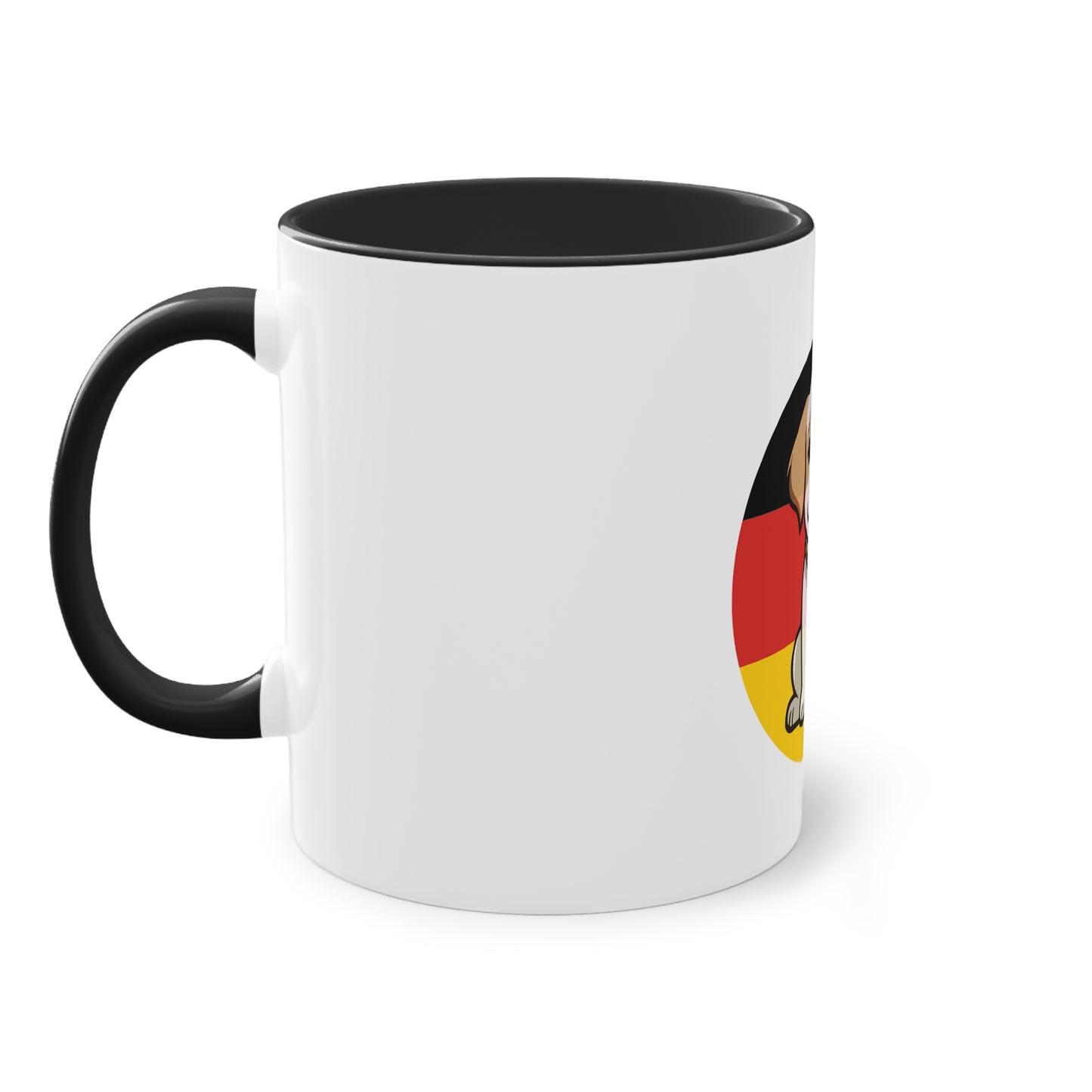 Deutschlands Bell-Brigade Puppy auf Kaffeetassen, Teetassen bedruckt; weißer Außenbereich mit mehrfarbigem Innenbereich und Henkel, große; 11 Unzen