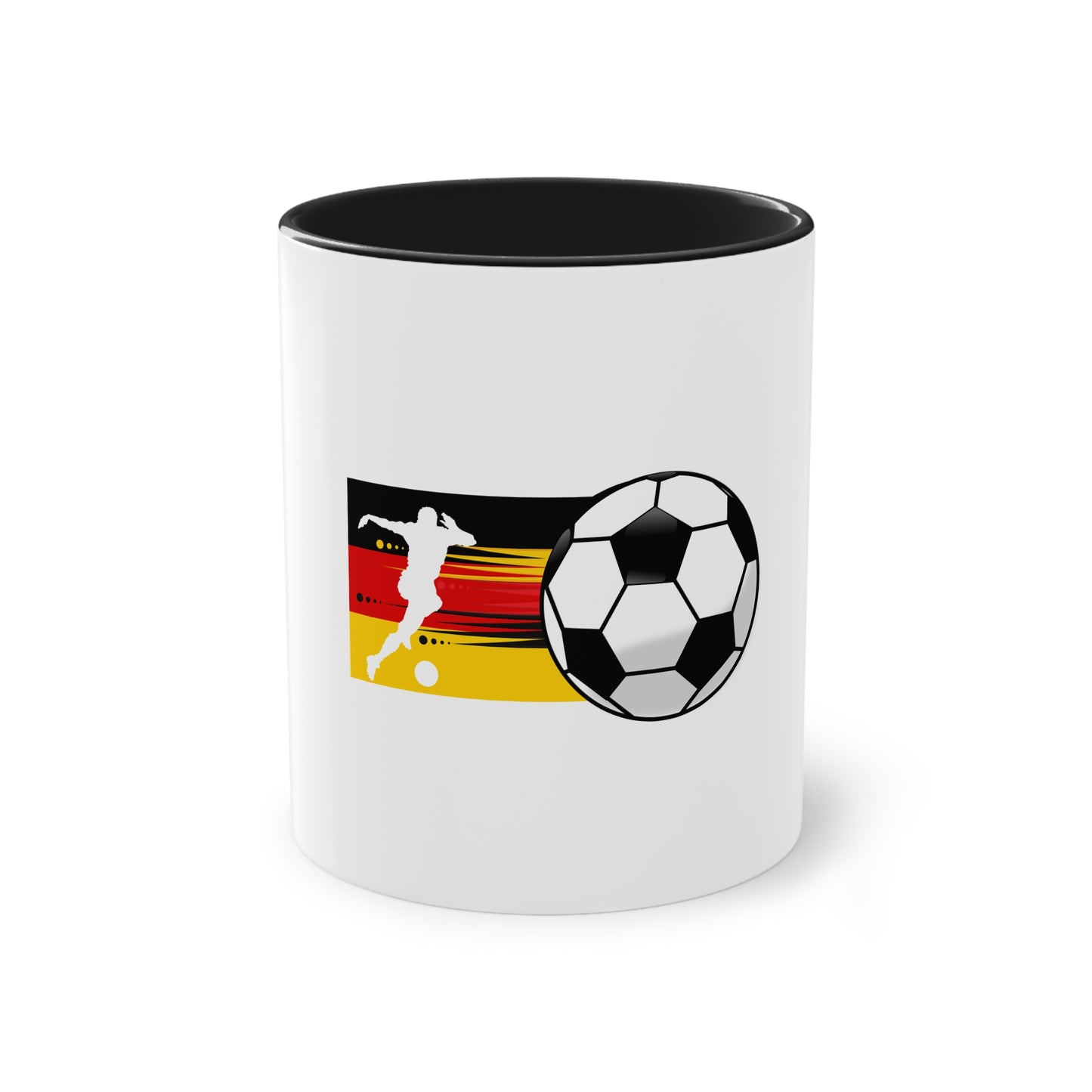 Die wahre Leidenschaft für Fußball auf Kaffeetassen bedruckt; weißer Außenbereich mit mehrfarbigem Innenbereich und Henkel, große; 11 Unzen