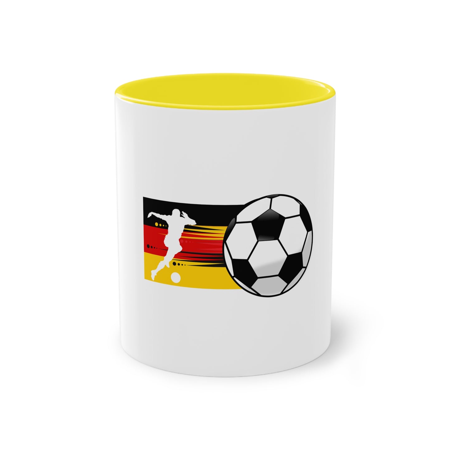 Die wahre Leidenschaft für Fußball auf Kaffeetassen bedruckt; weißer Außenbereich mit mehrfarbigem Innenbereich und Henkel, große; 11 Unzen