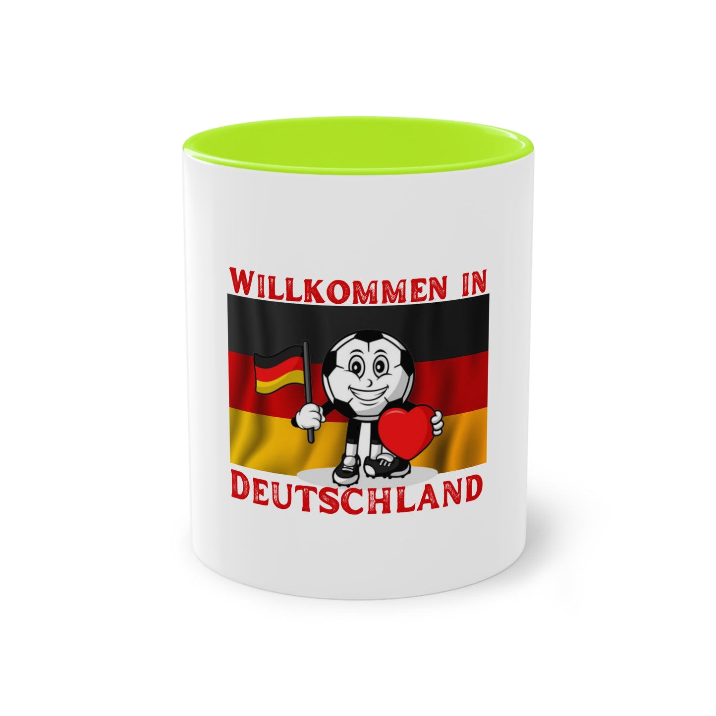 Willkommen in Deutschland - Stolz auf Deutschland - auf Kaffeetassen, Teetassen bedruckt; weißer Außenbereich mit mehrfarbigem Innenbereich und Henkel, große; 11 Unzen