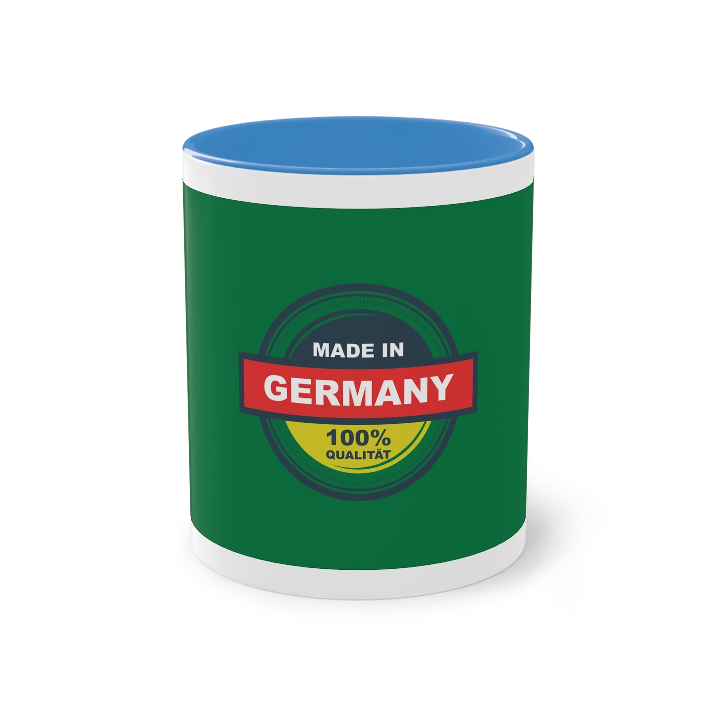 Made in Germany auf Kaffeetassen, Teetassen bedruckt; weißer Außenbereich mit mehrfarbigem Innenbereich und Henkel, große; 11 Unzen.
