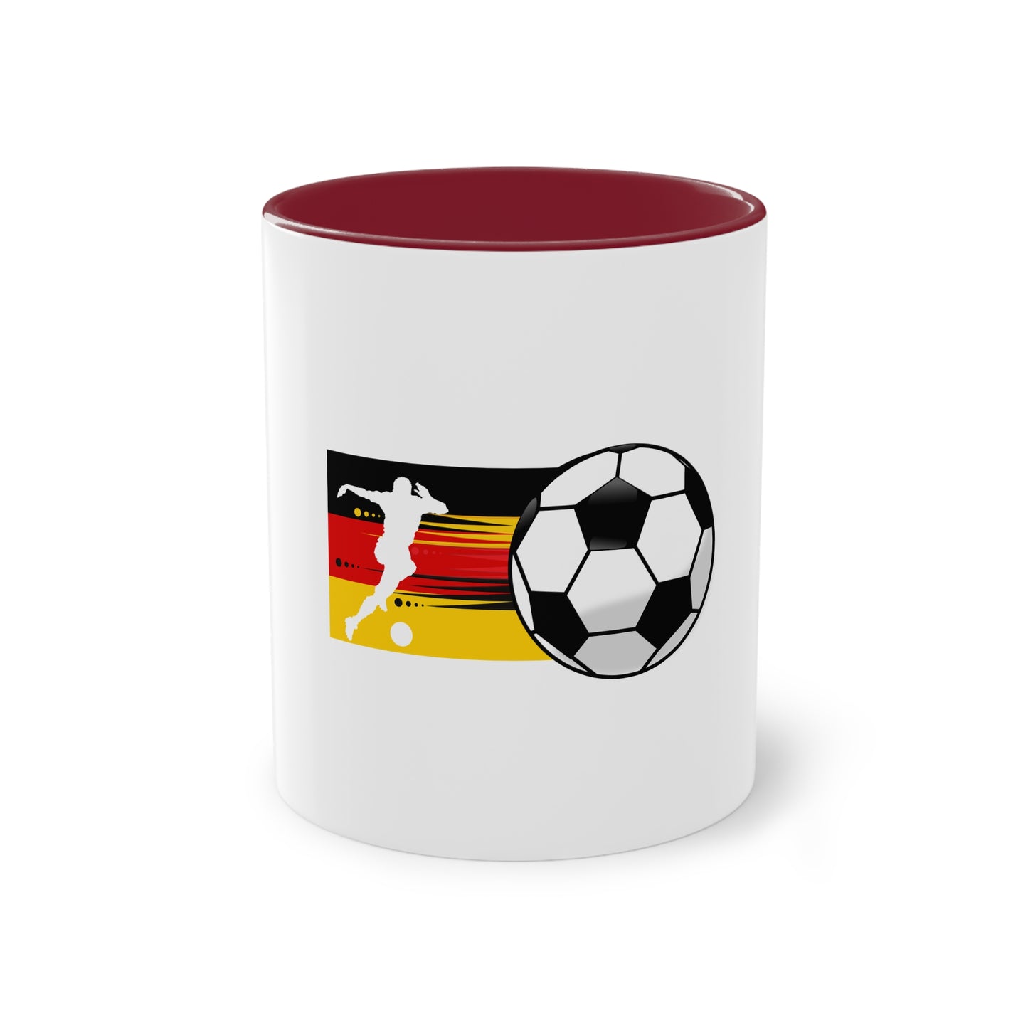 Die wahre Leidenschaft für Fußball auf Kaffeetassen bedruckt; weißer Außenbereich mit mehrfarbigem Innenbereich und Henkel, große; 11 Unzen