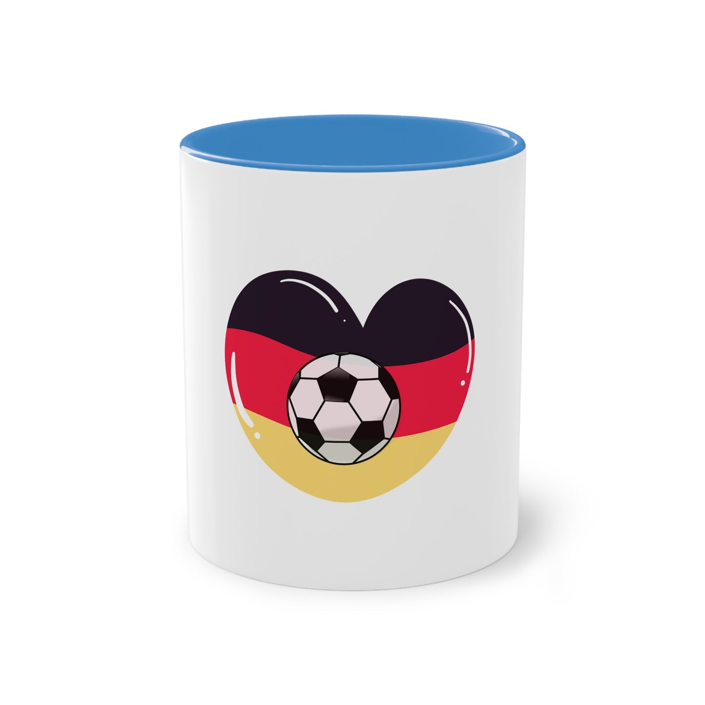 Ich liebe die Mannschaft auf Kaffeetassen, Teetassen bedruckt; weißer Außenbereich mit mehrfarbigem Innenbereich und Henkel, große; 11 Unzen