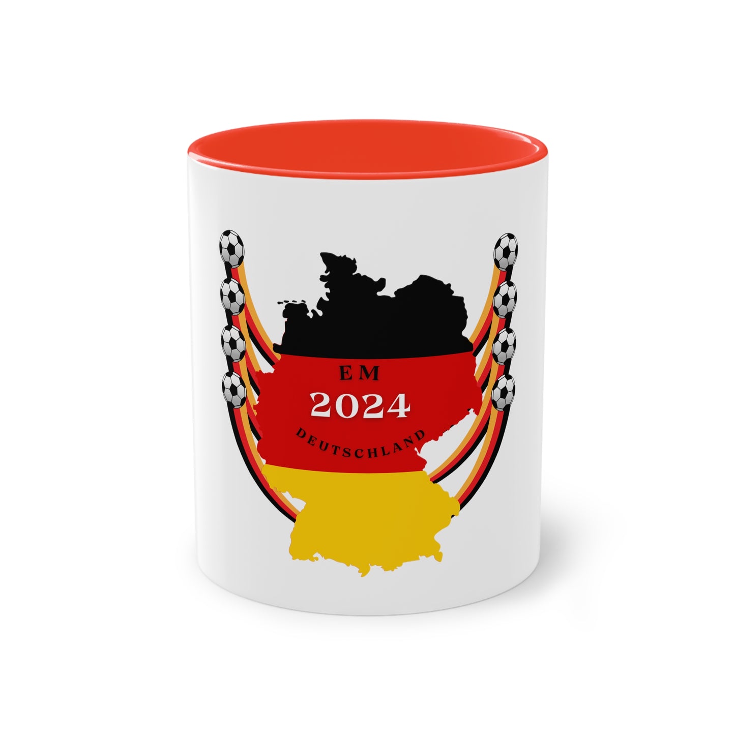 EURO 2024 in Germany, Deutschlandkarte EM-Souvenir auf Kaffeetassen, Teetassen bedruckt; weißer Außenbereich mit mehrfarbigem Innenbereich und Henkel, große; 11 Unzen