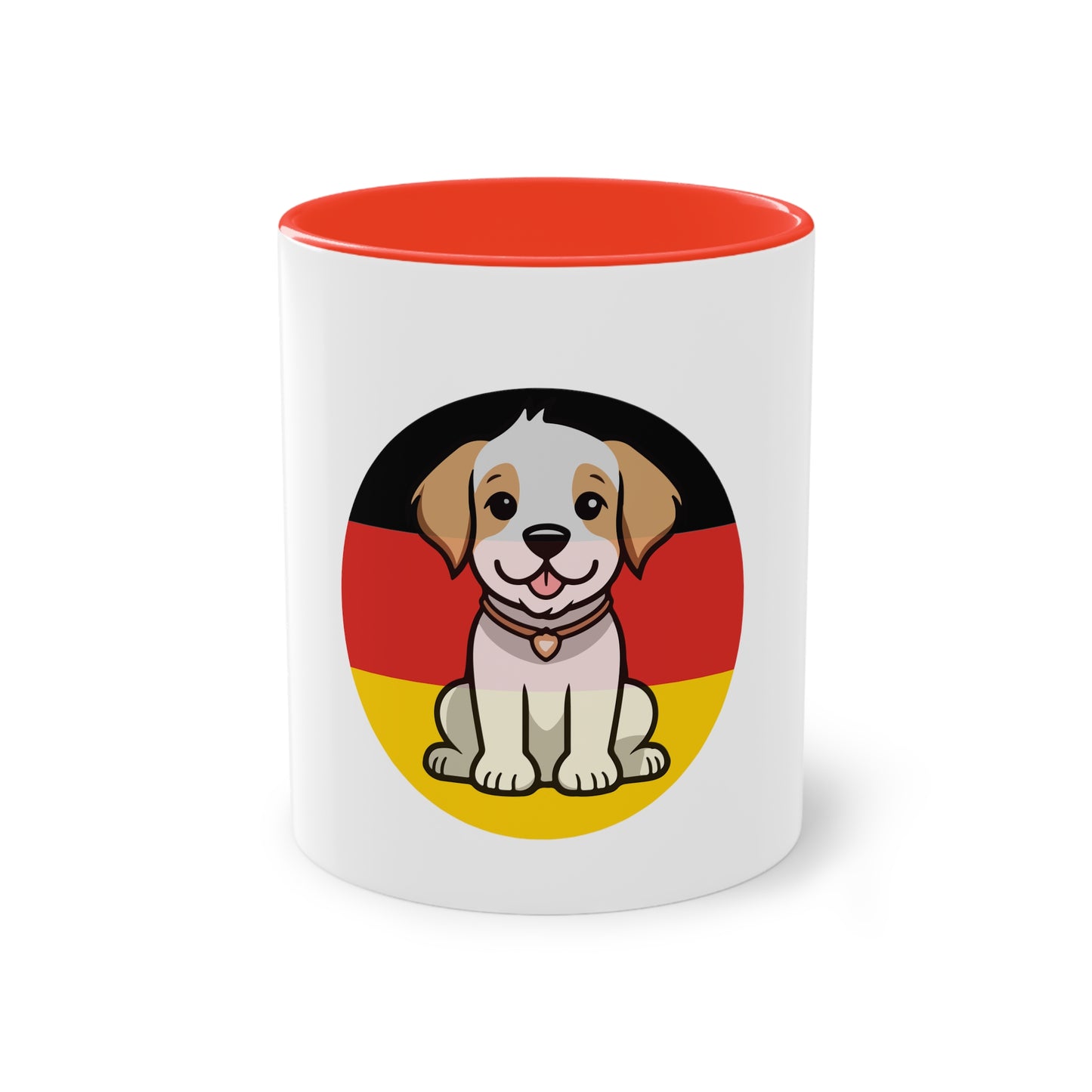 Deutschlands Bell-Brigade Puppy auf Kaffeetassen, Teetassen bedruckt; weißer Außenbereich mit mehrfarbigem Innenbereich und Henkel, große; 11 Unzen